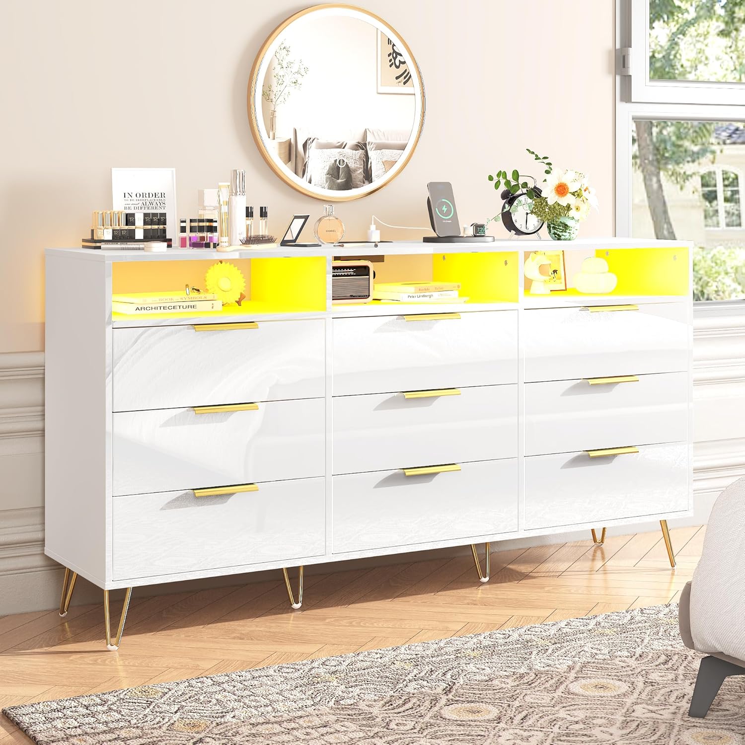 Blotout 9 Drawer Dresser with Charging Station, Modern Long Dressers & Chests of Drawers, Wood Dresser with LED Lights for Bedroom, Living Room, Hallway