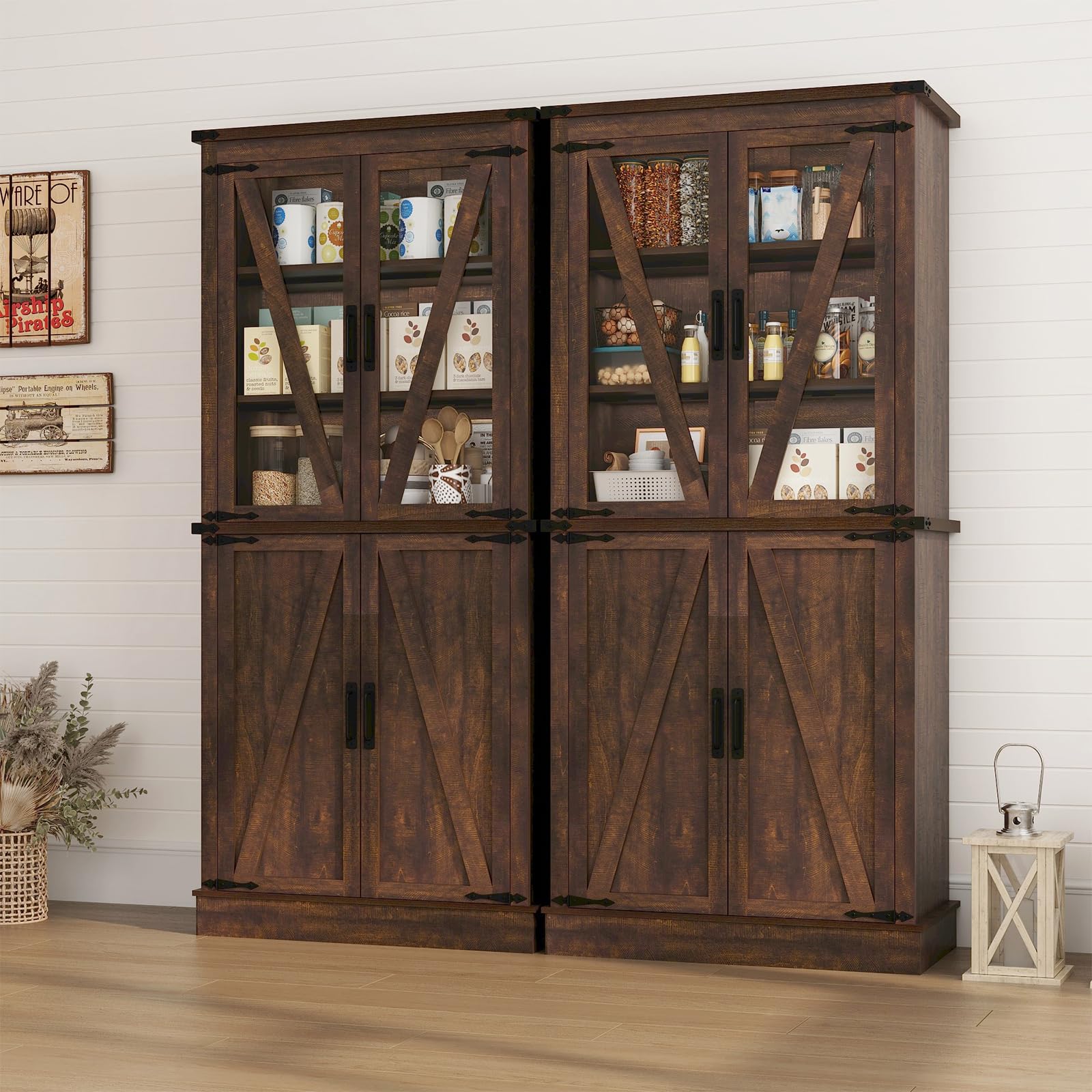 71" Farmhouse Kitchen Pantry Cabinet, Tall Storage Cabinet Wood Food Pantry with Barn Doors and Adjustable Shelves Versatile Storage Freestanding Cupboard for Kitchen