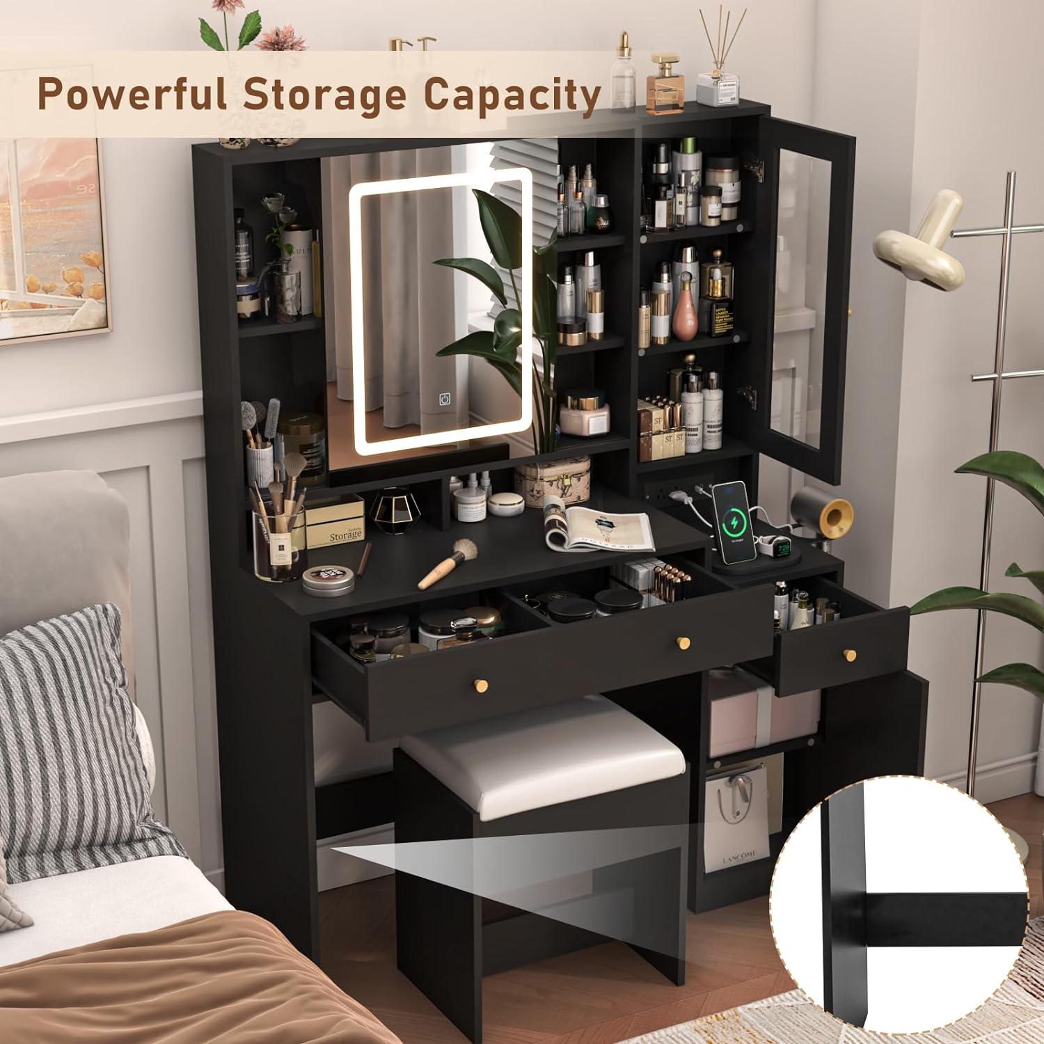 Black Vanity Desk with Sliding Mirror & Lights, Vanity Table Makeup Desk with Charging Station 2 Drawers 2 Doors, Lots of Storage Shelves, Large Vanity Set with Cushioned Stool