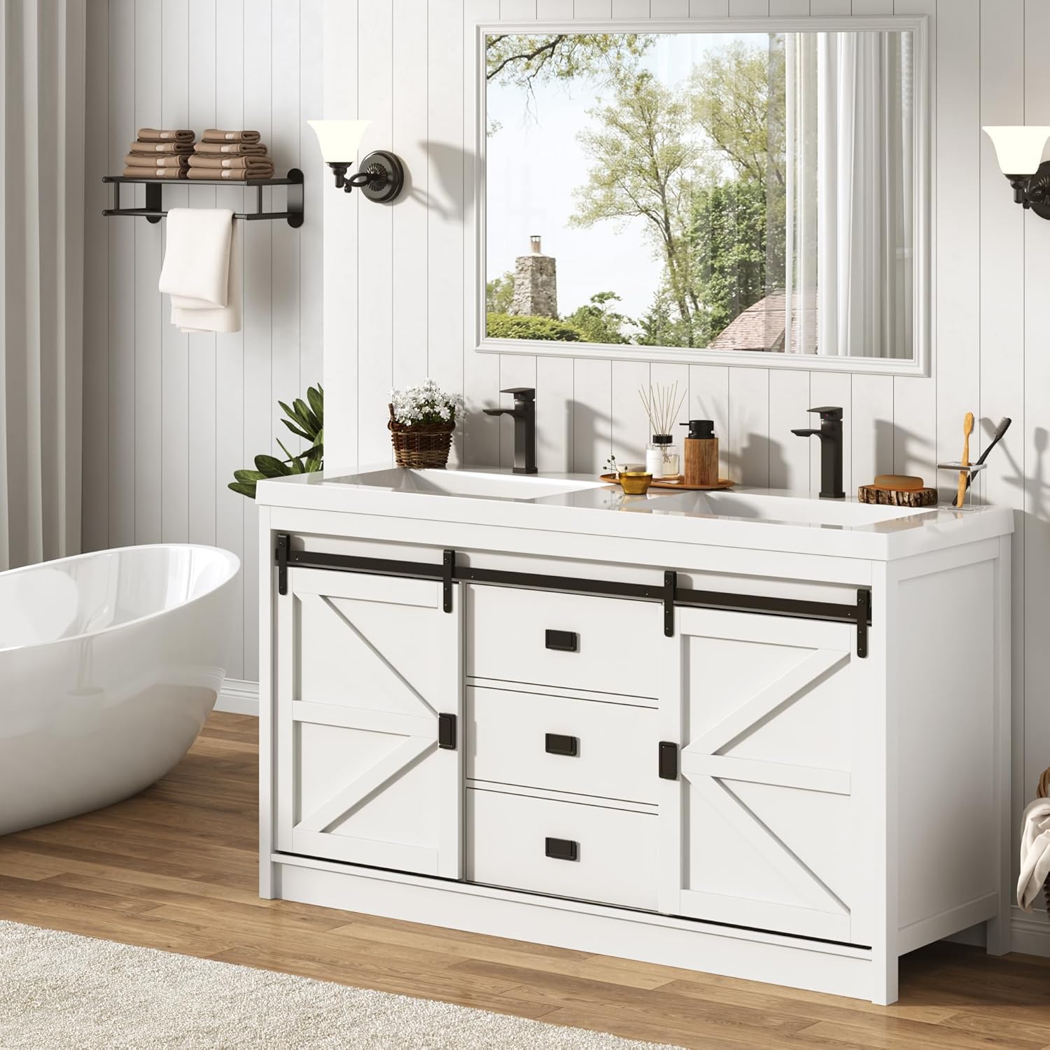 Blotout Double Bathroom Vanity with Sink & Faucet & Sewer Pipes, 59" Farmhouse Bathroom Vanity Cabinet Set with Sliding Barn Door & 3 Drawers, Freestanding Bath Storage Vanity Sink