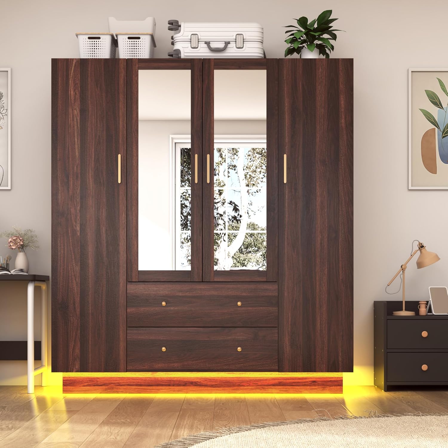 Blotout 70" Armoire Wardrobe Closet with Mirror, LED Wardrobe Armoire with 2 Drawers, 4 Door Wood Armoire Storage with Hanging Rods and Multi-Layer Shelves