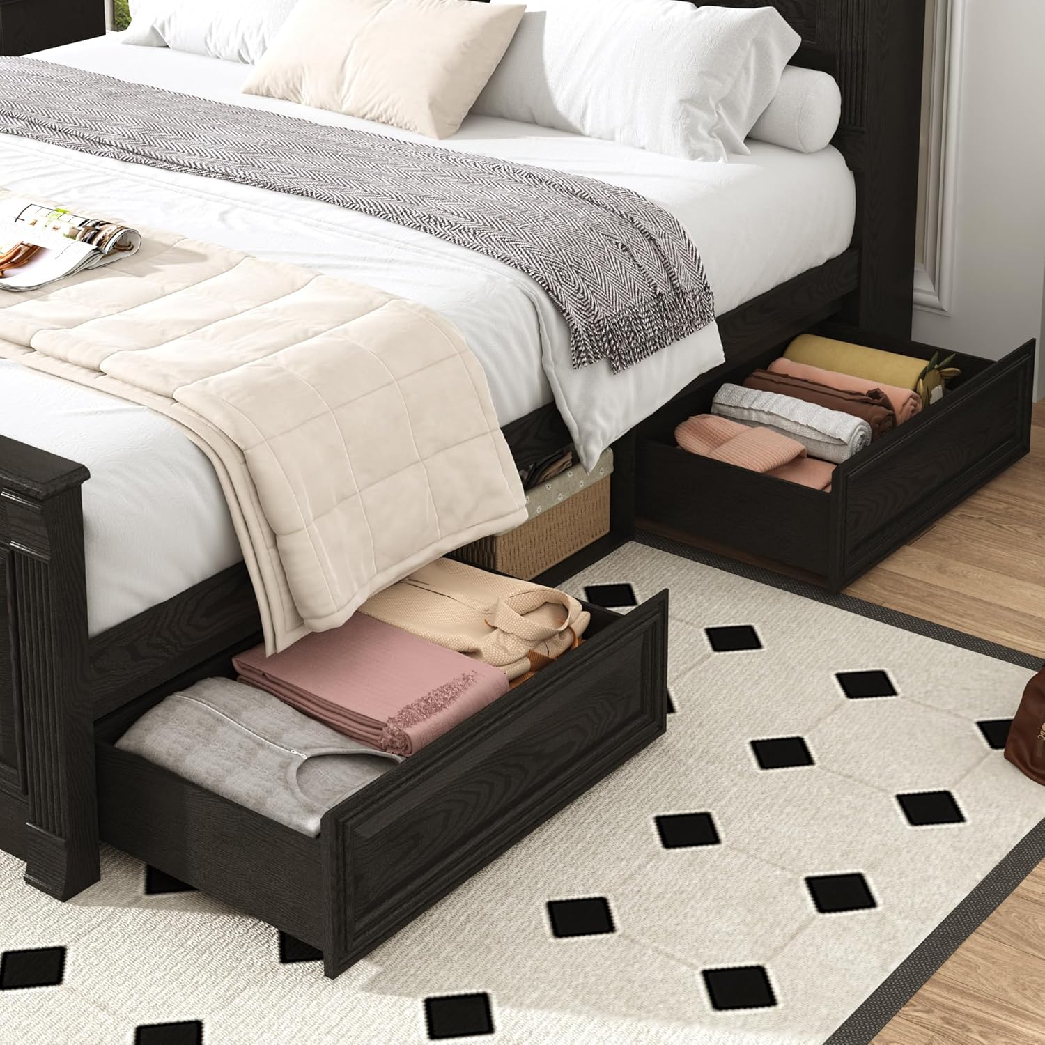 Blotout Farmhouse King Size Bed Frame with 55" Tall Storage Bookcase Headboard & 4 Drawers, Wood Platform Bed Frame with 24" Roman Colum Footboard, LED Light, Charging Station, No Box Spring Needed