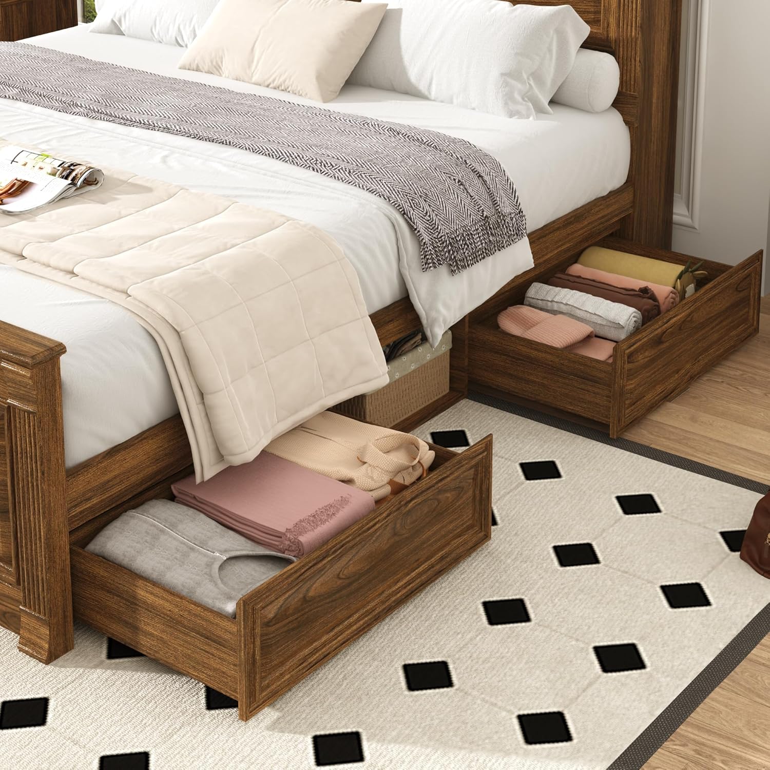 Blotout Farmhouse King Size Bed Frame with 55" Tall Storage Bookcase Headboard & 4 Drawers, Wood Platform Bed Frame with 24" Roman Colum Footboard, LED Light, Charging Station, No Box Spring Needed