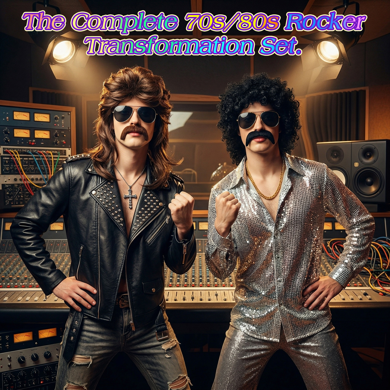 sixwipe 8 Pack 70s 80s Mullet Wigs Set for Men, Disco Wigs with Mustache Glasses and Chain, Kinky Curly/Straight Wigs, Funny Costume Wigs for Rocker Hippies Halloween Cosplay Party