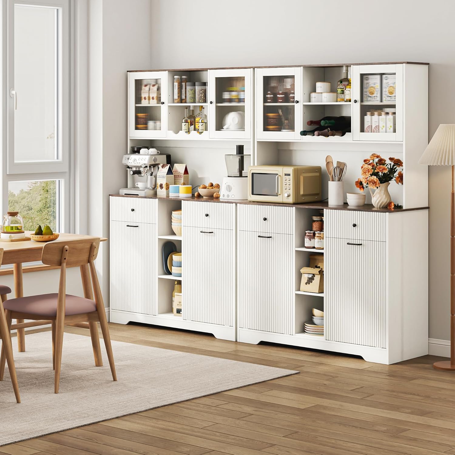 Blotout 47" Wide Kitchen Pantry Storage Cabinet with Charging Station & Microwave Stand, Tall Fluted Kitchen Hutch Cabinet, Double Tilt Out Trash Can Cabinet 10X2 Gallon