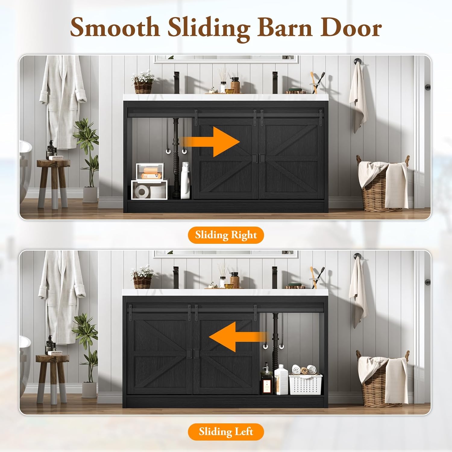Blotout Double Bathroom Vanity with Sink & Faucet & Sewer Pipes, 59" Farmhouse Bathroom Vanity Cabinet Set with Sliding Barn Door & 3 Drawers, Freestanding Bath Storage Vanity Sink