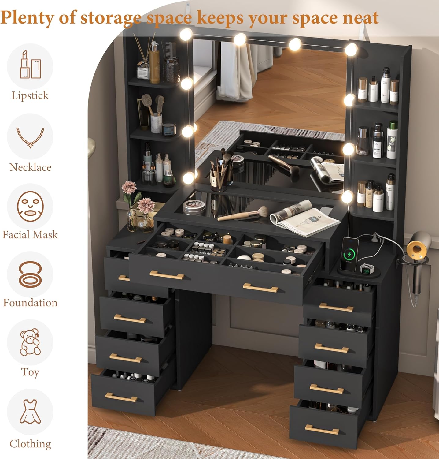 Black Vanity Desk with Mirror and Lights, Large Vanity Table Makeup Desk with Charging Station 9 Drawers and 6 Shelves, Lots Storage Shelves(Black)