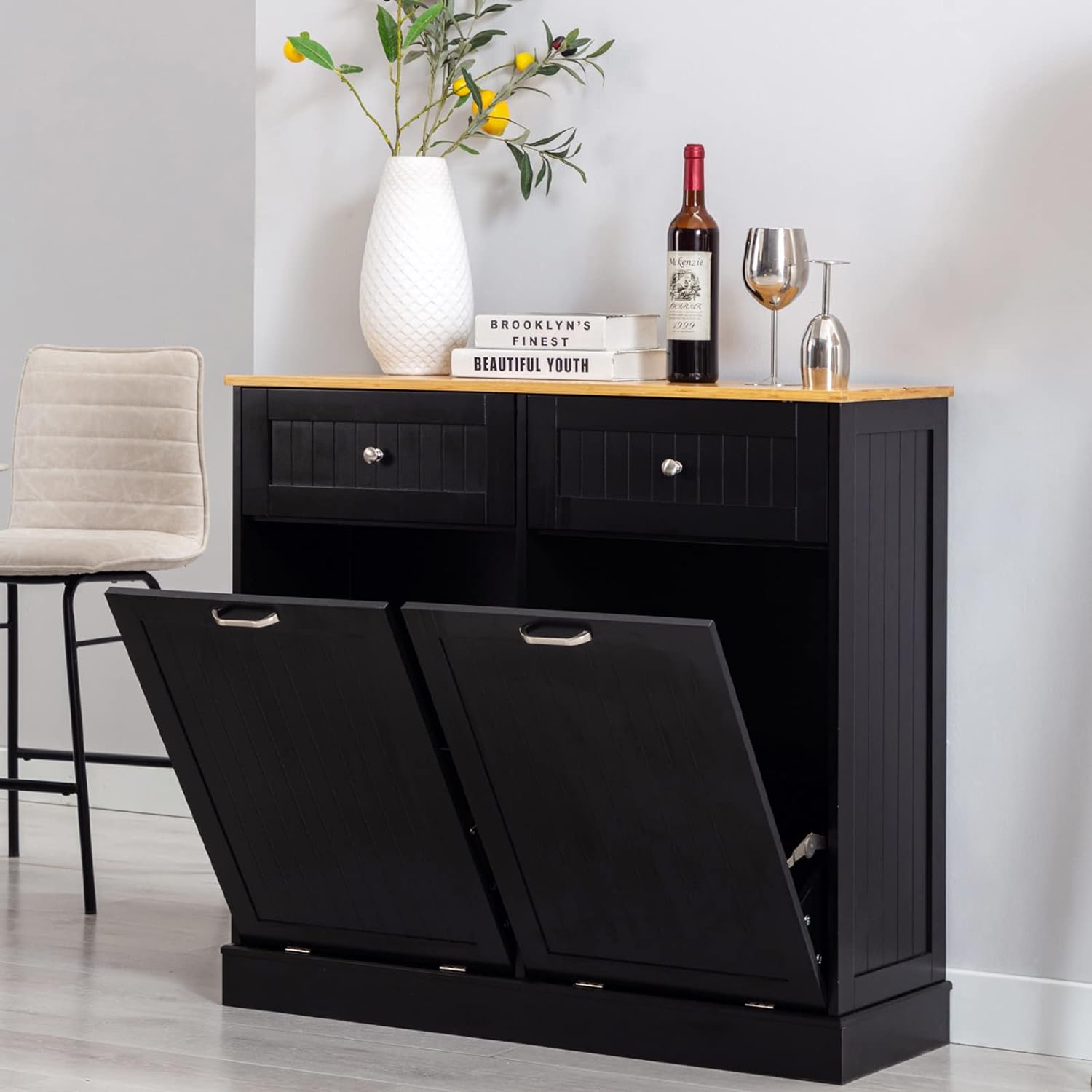 Hlivelood Double Trash Cabinet Tilt Out 20 Gallon, Pet Proof Kitchen Trash Cabinet Laundry Hamper with Cutting Board, Wood Garbage Recycling Station Hideaway Trash Holder Drawers