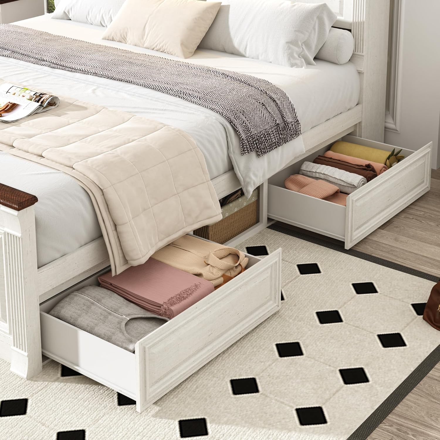 Blotout Farmhouse King Size Bed Frame with 55" Tall Storage Bookcase Headboard & 4 Drawers, Wood Platform Bed Frame with 24" Roman Colum Footboard, LED Light, Charging Station, No Box Spring Needed