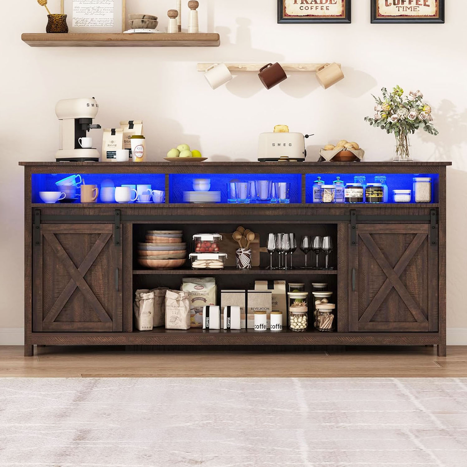 Farmhouse Coffee Bar Cabinet with LED Lights & Charging Station