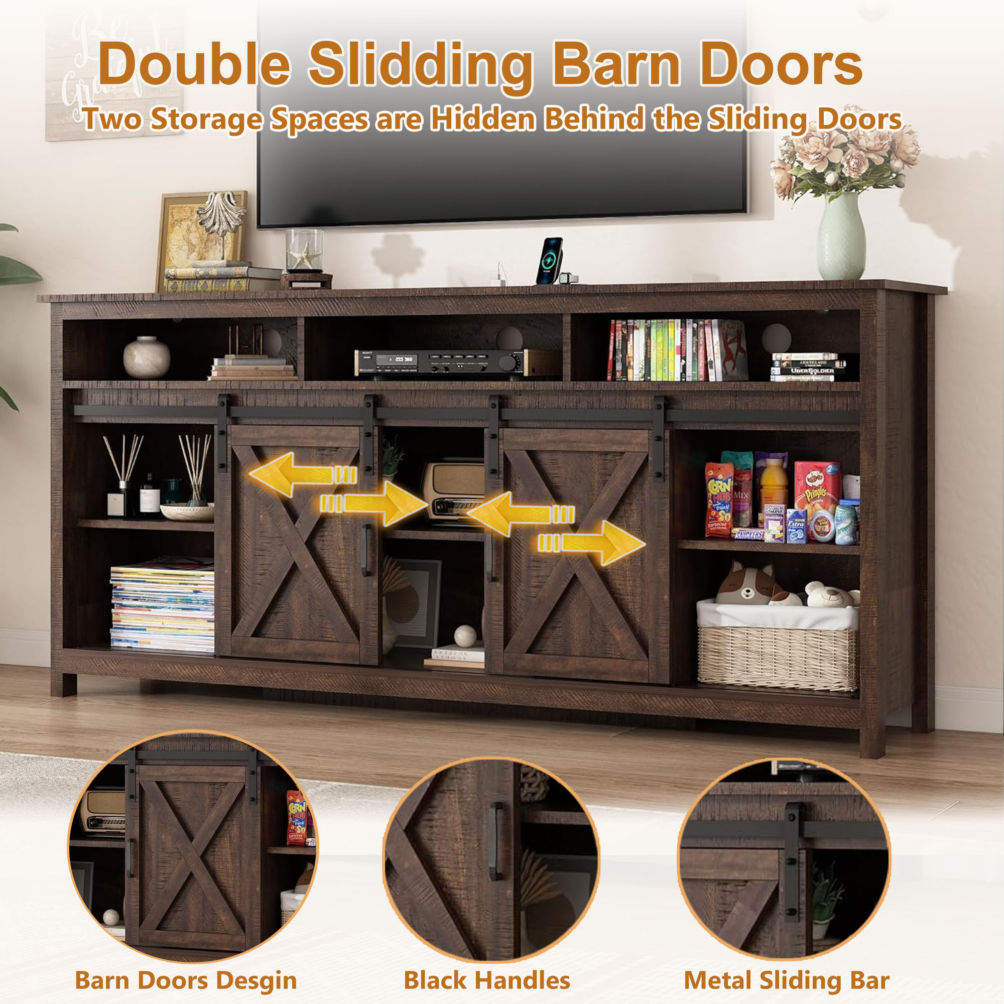 Farmhouse Coffee Bar Cabinet with LED Lights & Charging Station