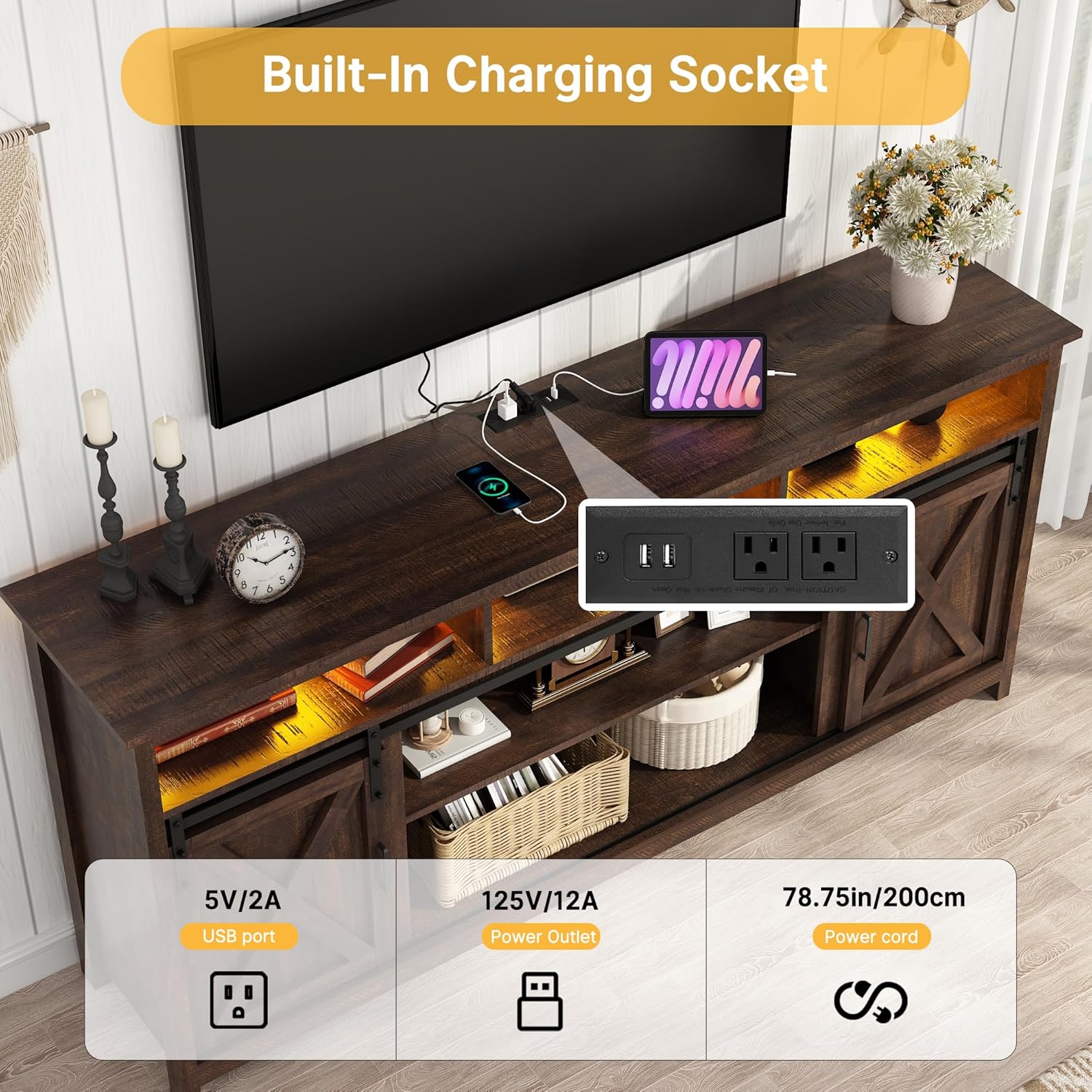 Farmhouse Coffee Bar Cabinet with LED Lights & Charging Station