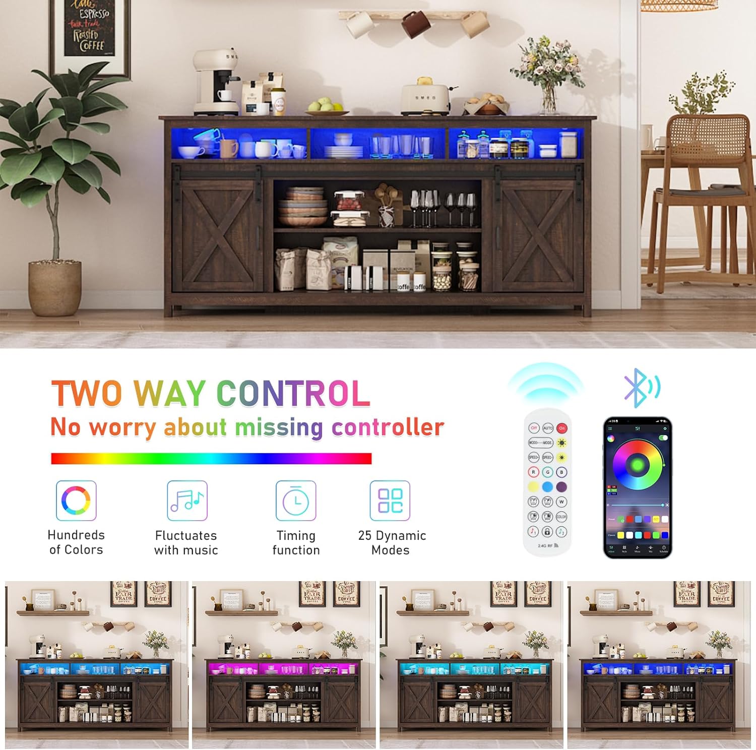Farmhouse Coffee Bar Cabinet with LED Lights & Charging Station