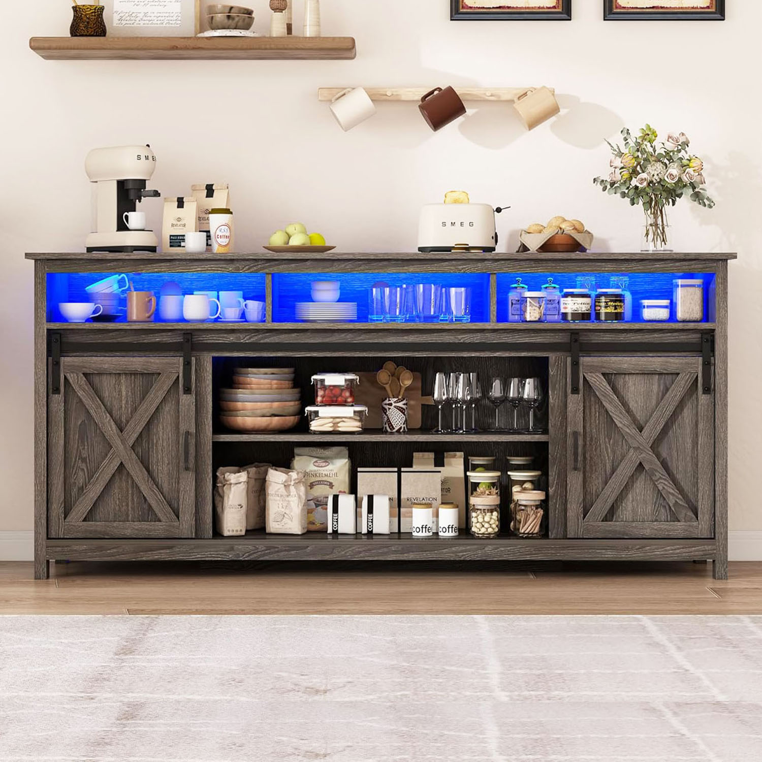 Farmhouse Coffee Bar Cabinet with LED Lights & Charging Station