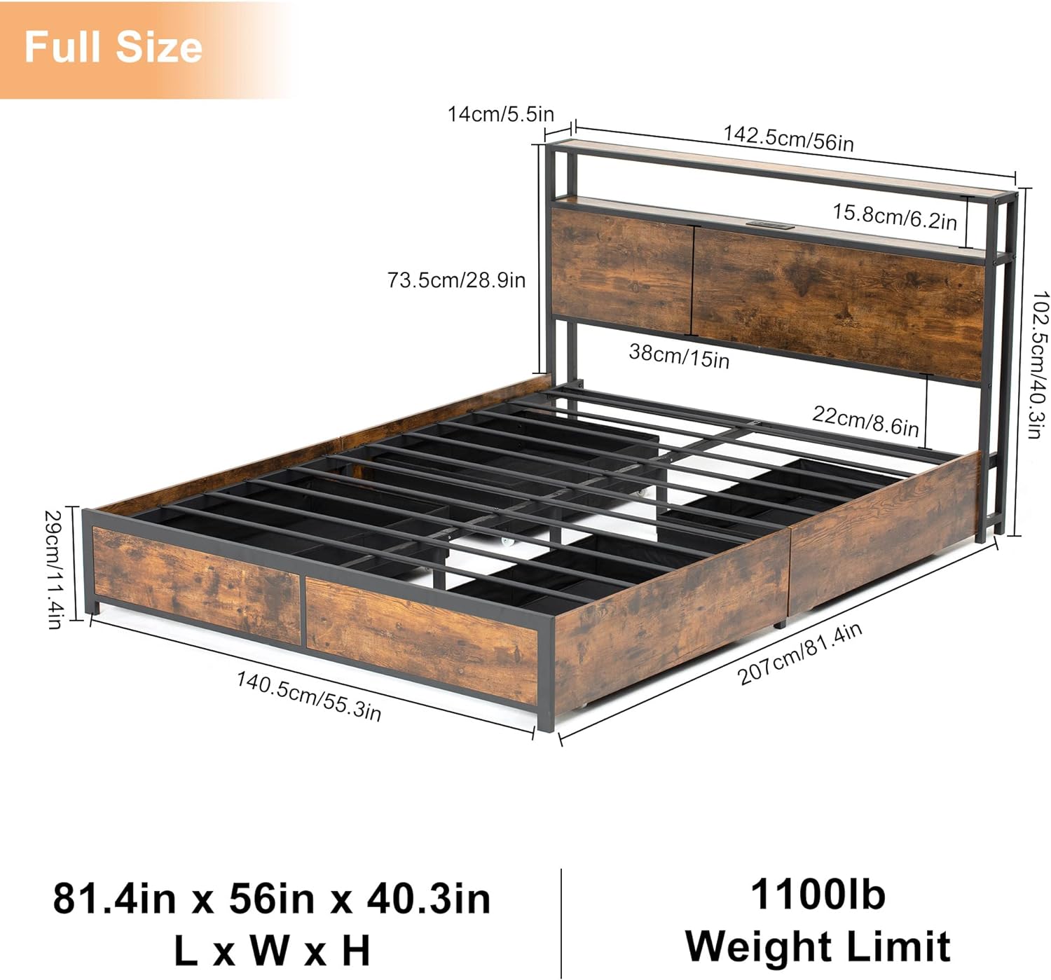 Blotout Full Bed Frame with 3 USB Ports & Led Lights, Platform Metal Bed Frame with 4 Storage Drawers and Headboard, No Box Spring Needed, Easy Assembly, Noise-Free,Vintage Brown