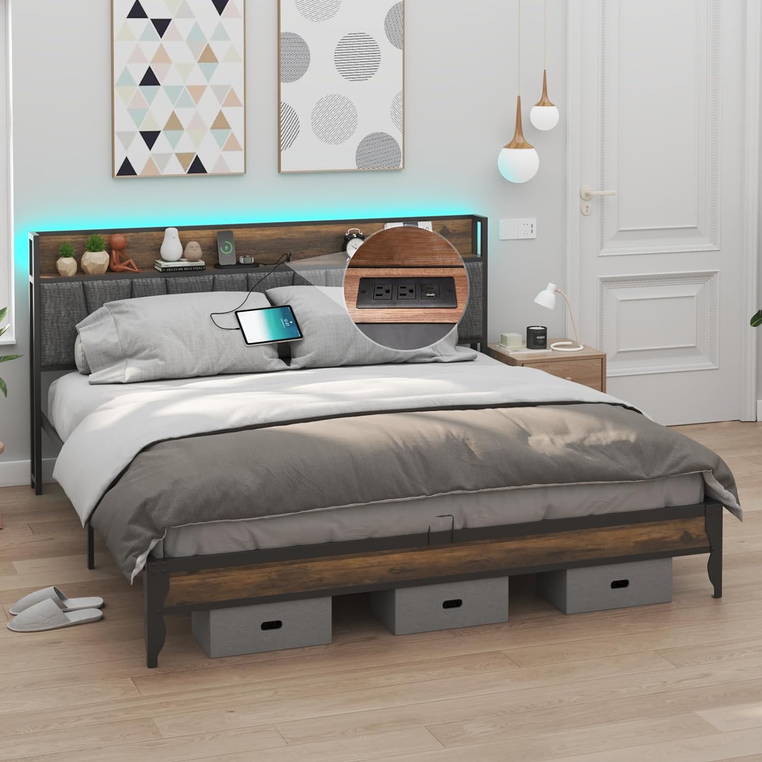 Blotout LED Full Size Bed Frame with Outlets & USB/Type-C Port and Storage Headboard, Metal Platform Bed with Charging Station and for Bedroom, No Box Spring Needed, Rustic Brown