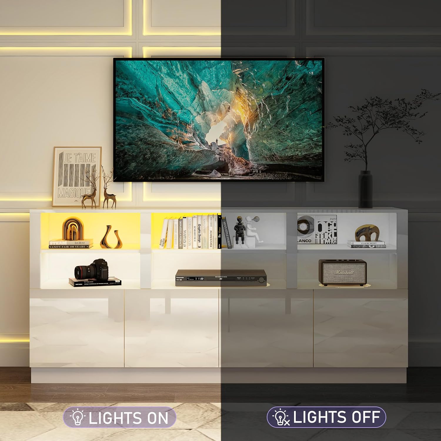 70 Inch LED TV Stand for 75/80/85 Inch TV,Modern Gaming Entertainment Center with Storage Shelves and Doors,High Gloss TV Media Console for Living Room,RGB LED Lights,Black