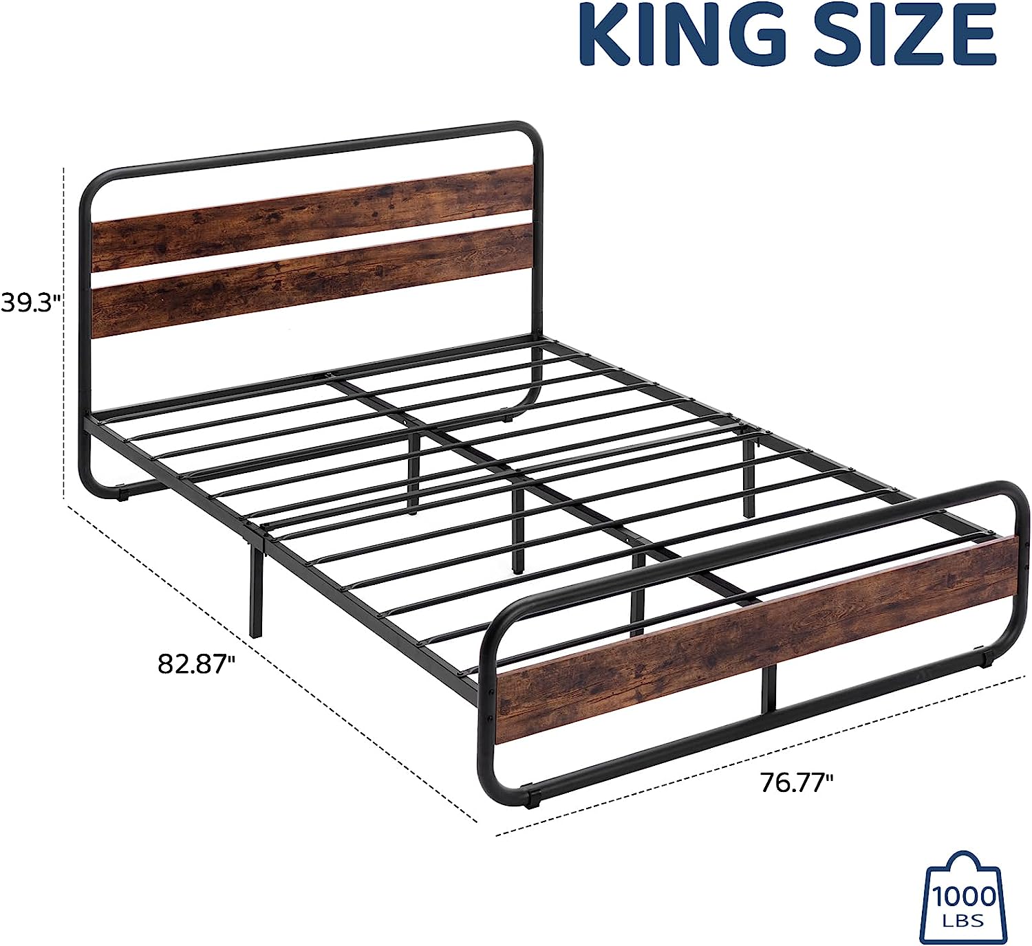 Heavy Duty Metal Bed Frame with Wood Headboard & Footboard