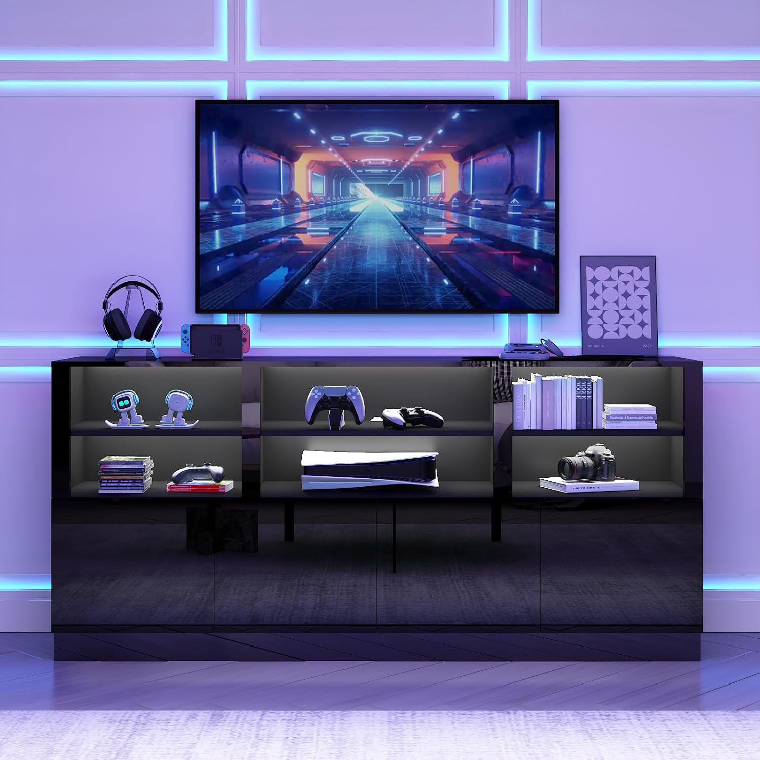 70 Inch LED TV Stand for 75/80/85 Inch TV,Modern Gaming Entertainment Center with Storage Shelves and Doors,High Gloss TV Media Console for Living Room,RGB LED Lights,Black
