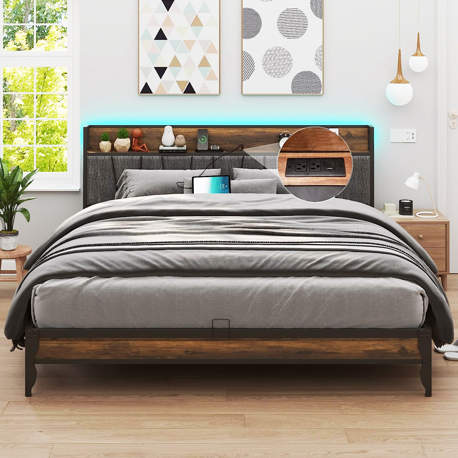LED Bed Frame with Outlets & USB/Type-C Port and Storage Headboard, Wood Platform Bed with Charging Station and for Bedroom