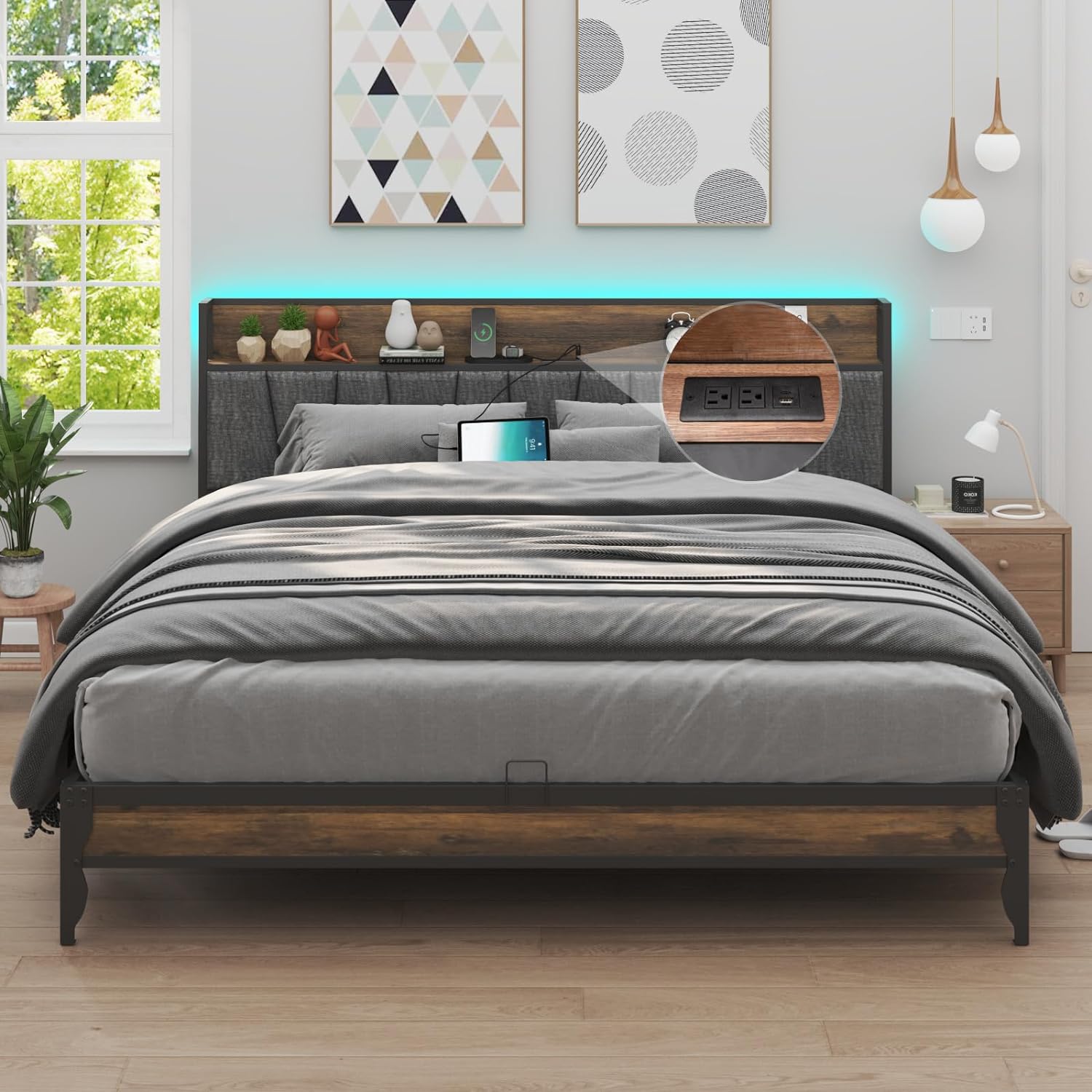 Blotout LED Queen Size Bed Frame with Outlets & USB/Type-C Port and Storage Headboard, Metal Platform Bed with Charging Station and for Bedroom, No Box Spring Needed, Industrial Brown