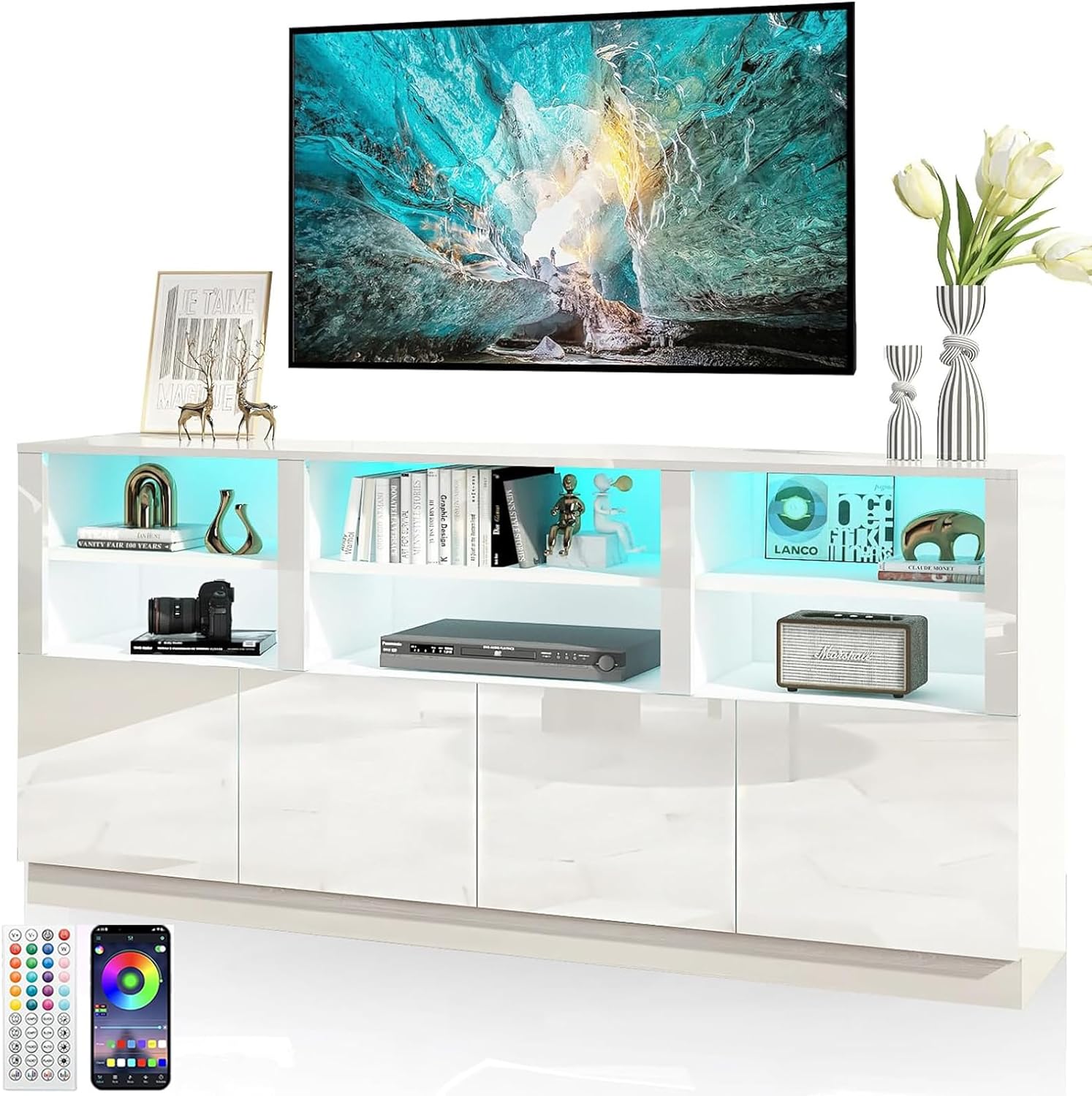 70 Inch LED TV Stand for 75/80/85 Inch TV,Modern Gaming Entertainment Center with Storage Shelves and Doors,High Gloss TV Media Console for Living Room,RGB LED Lights,Black