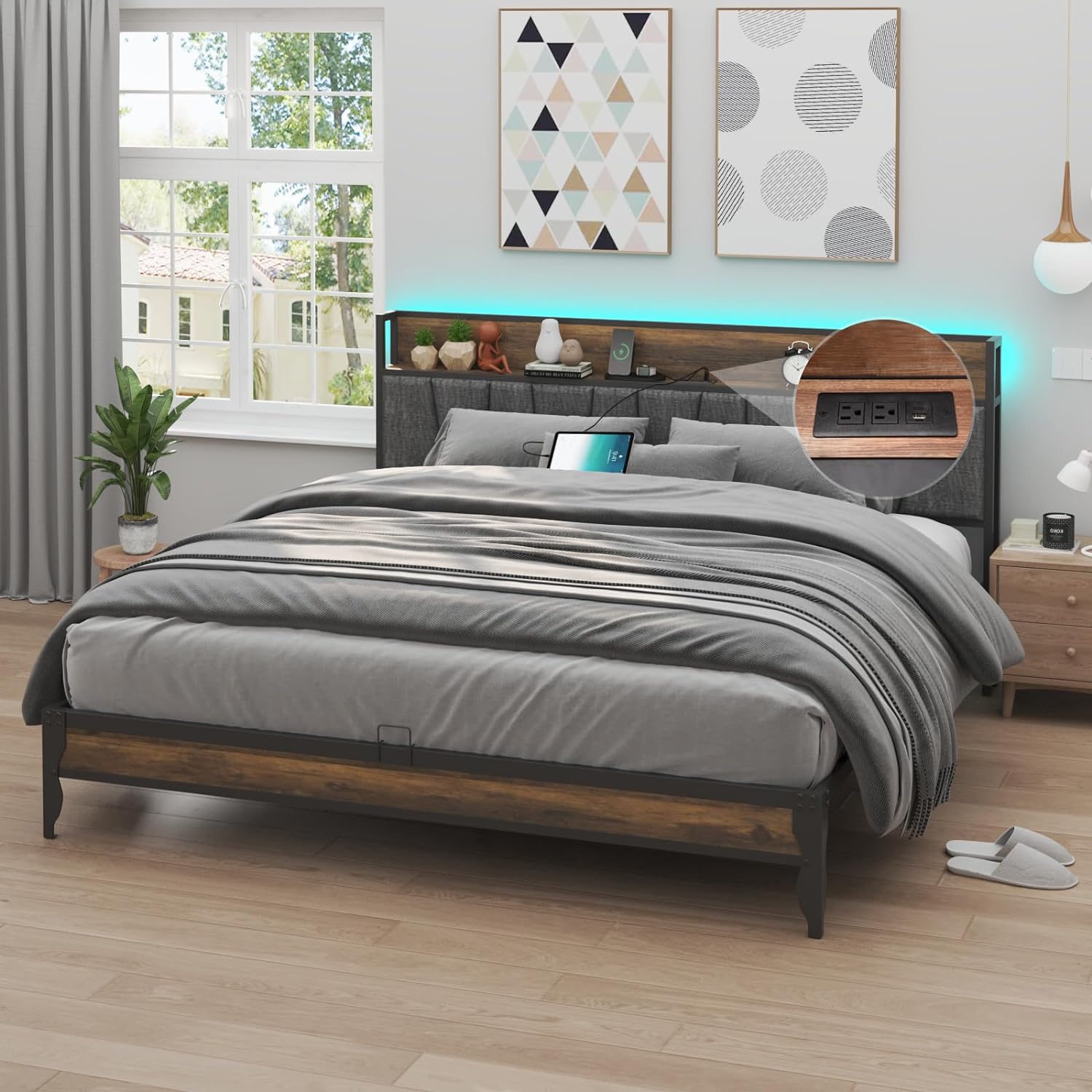 Blotout LED Full Size Bed Frame with Outlets & USB/Type-C Port and Storage Headboard, Metal Platform Bed with Charging Station and for Bedroom, No Box Spring Needed, Industrial Brown