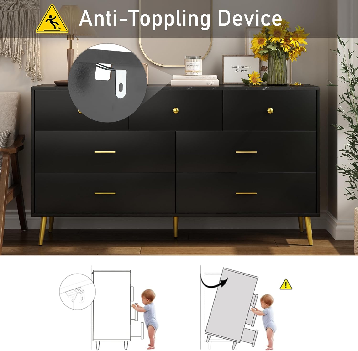 7 Drawer Dresser For Bedroom, 55-inch Marble and Gold Dresser Chest of Drawers Wood Bedroom Organizer