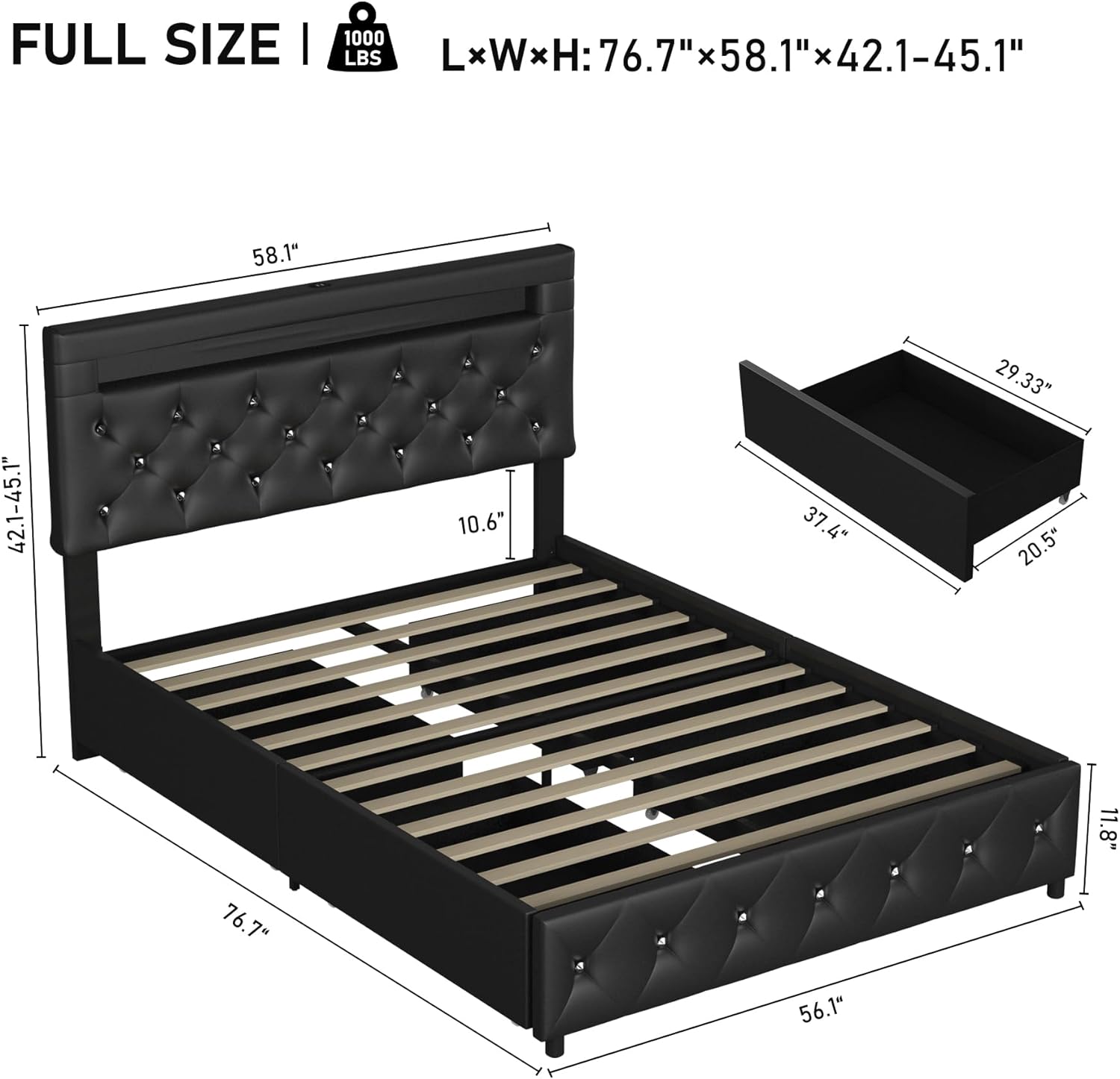 Full Upholstered LED Bed Frame with 4 Storage Drawers & USB Ports, Faux Leather Platform Bed Frame with Adjustable Crystal Button Tufted Headboard, No Box Spring Needed, Easy Assembly, Black