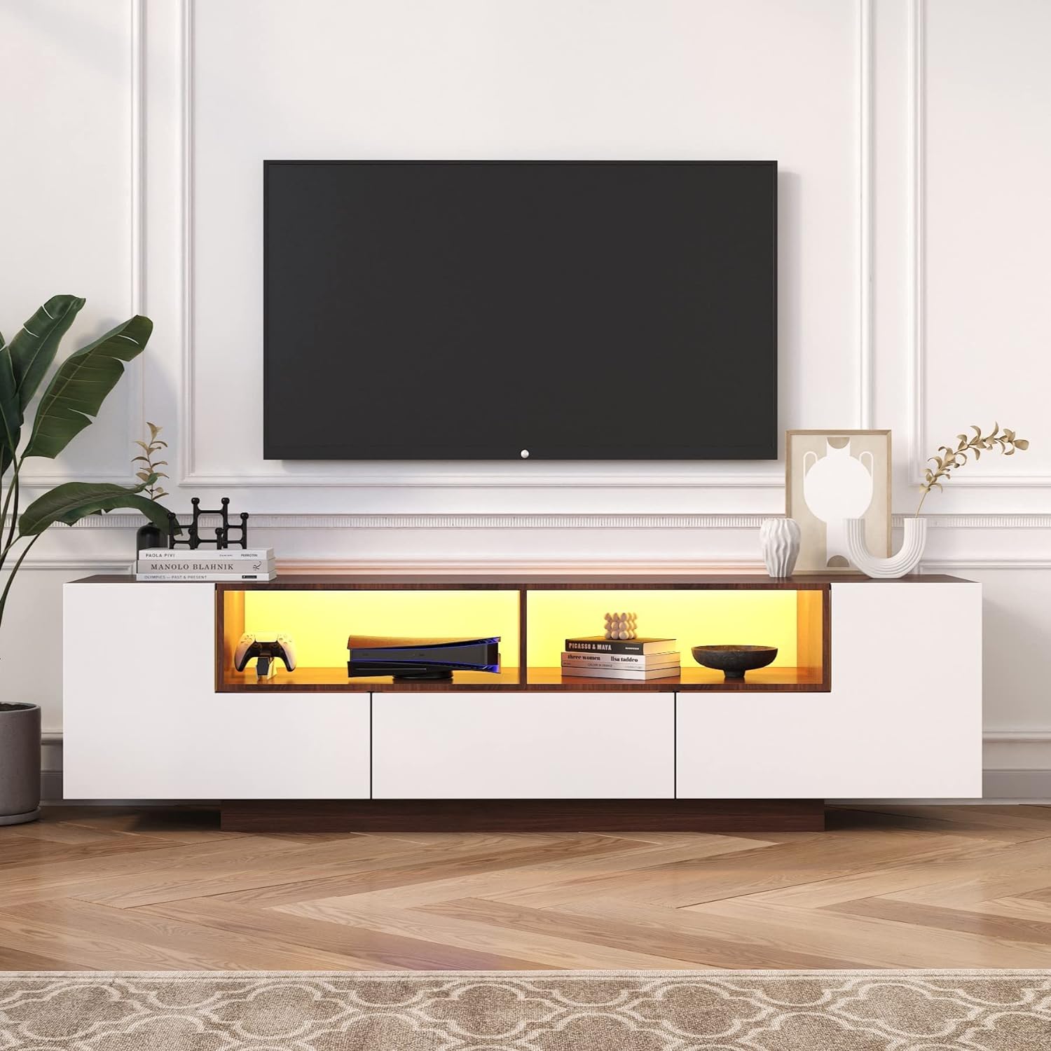 70 Inch LED TV Stand for 75 Inch TV, Large Entertainment Center with Storage Cabinets and Open Shelves, Modern TV Console for Living Room, Bedroom(Walnut& White)