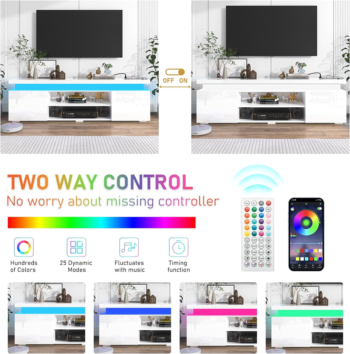 Blotout LED TV Stand for 75 Inch TV, Modern TV Stand with Power Outlet, High Gloss TV Console Entertainment Center with Storage and LED Lights for Living Room, Bedroom (75 Inch, White)