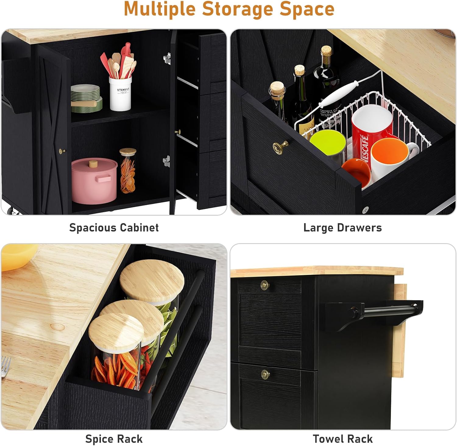 Kitchen Island Cart with Solid Wood Top and Drop Leaf, Rolling Mobile Kitchen Island Table on Wheels with Drawer and Spice Rack, Towel Rack(Black)