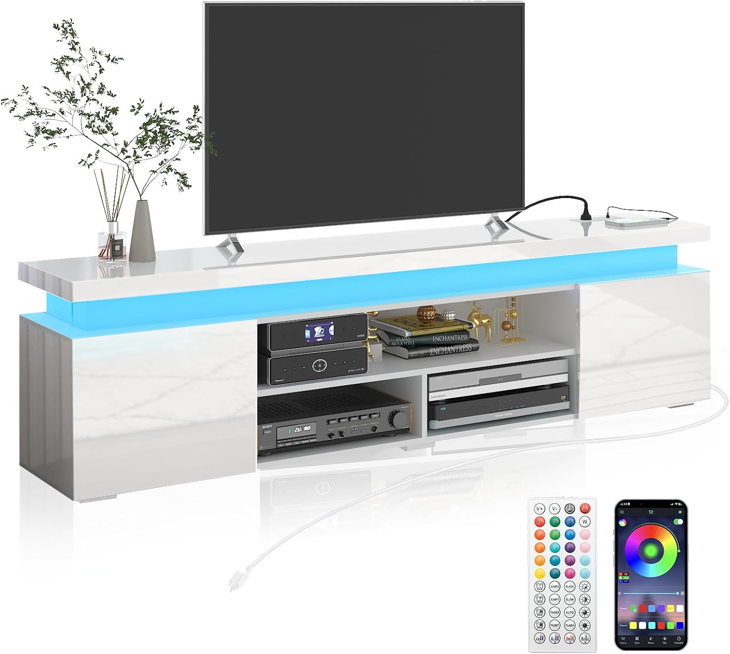 Blotout LED TV Stand for 75 Inch TV, Modern TV Stand with Power Outlet, High Gloss TV Console Entertainment Center with Storage and LED Lights for Living Room, Bedroom (75 Inch, White)