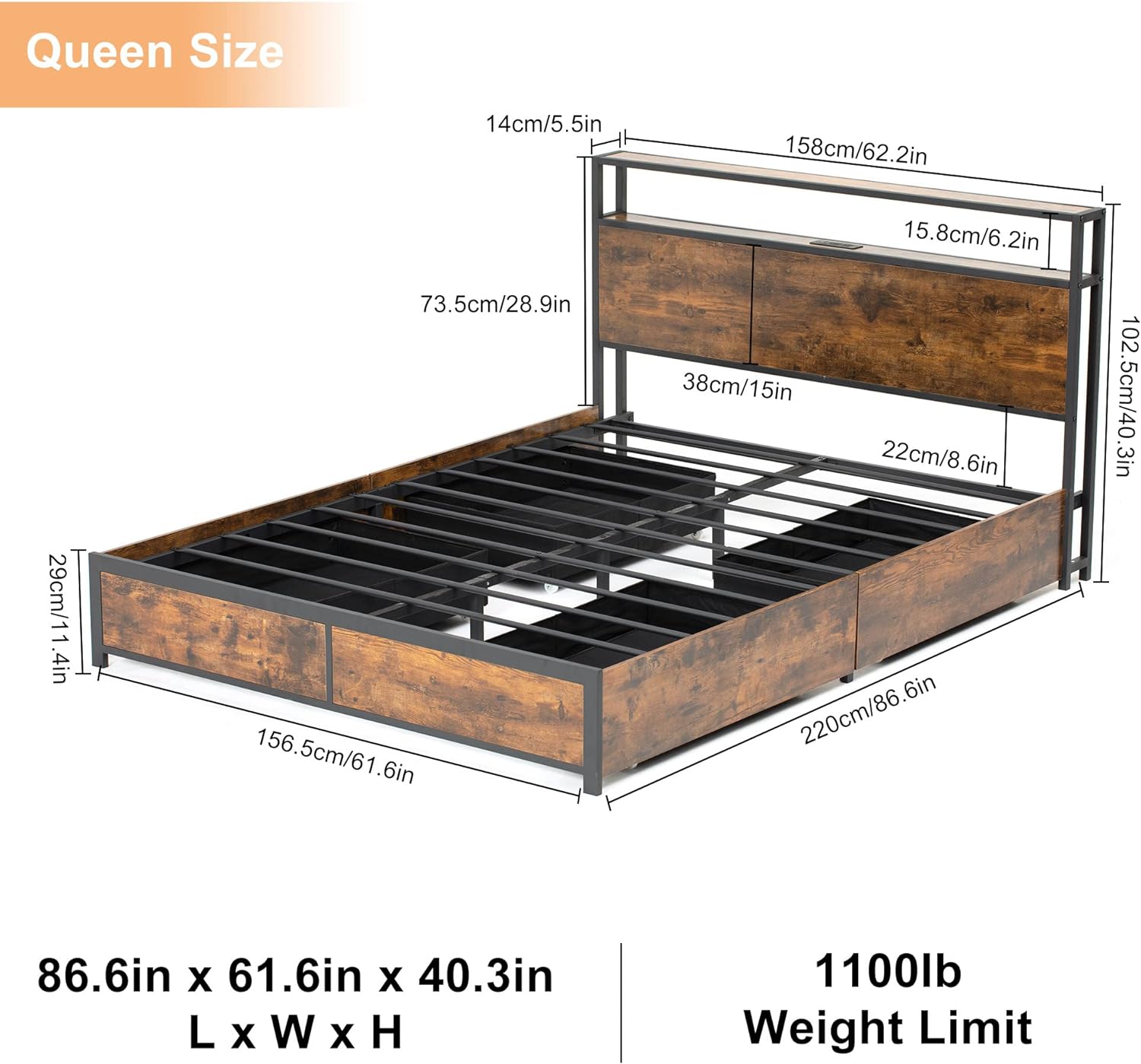 Blotout Full Bed Frame with 3 USB Ports & Led Lights, Platform Metal Bed Frame with 4 Storage Drawers and Headboard, No Box Spring Needed, Easy Assembly, Noise-Free,Vintage Brown