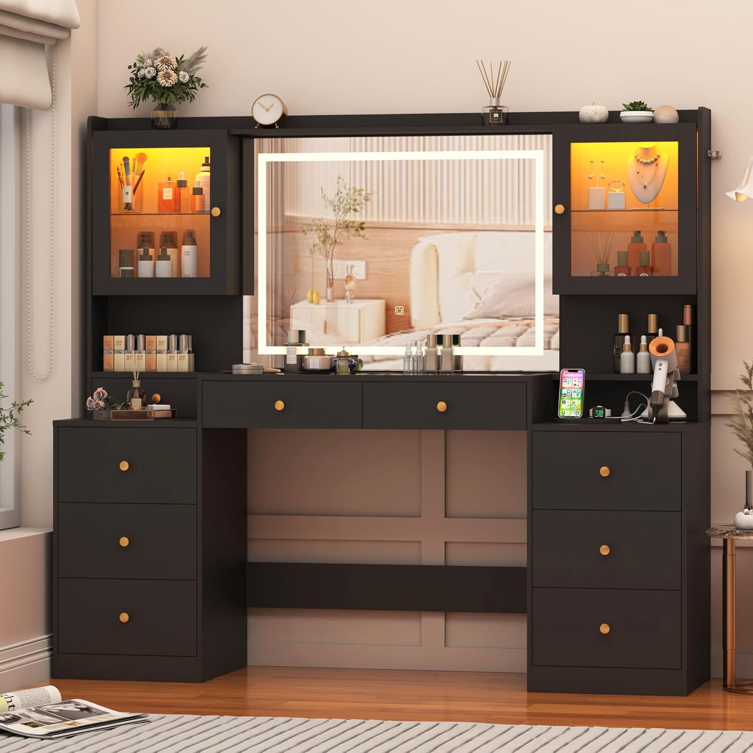 Blotout 62'' Large Vanity Desk with 2 RGB Glass Cabinets, Power Outlet, Glass Top, 9 Drawers, 3 Lights Mode LED Mirror, Pink Bedroom Makeup Vanity for Women, Girls