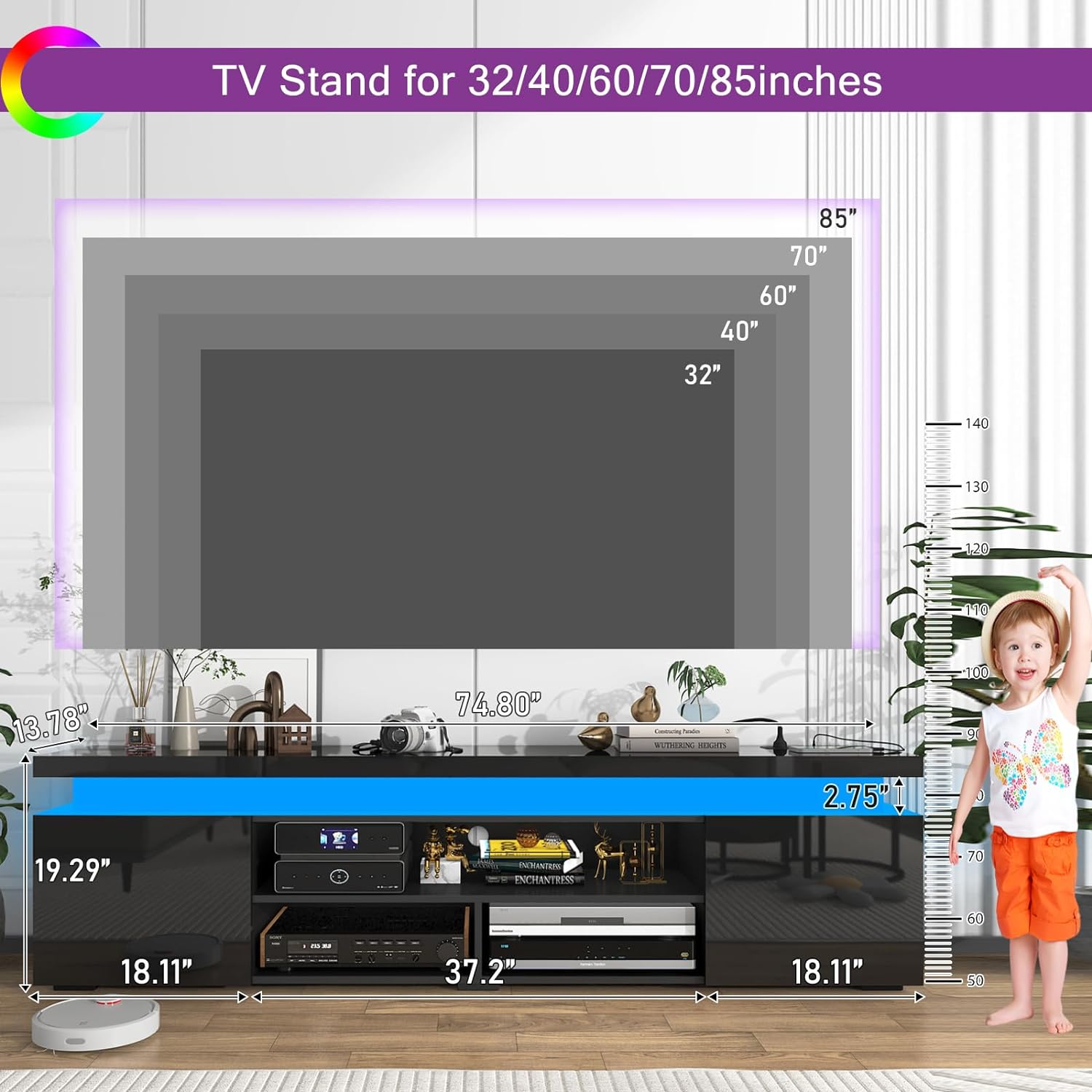 LED TV Stand for 85 Inch TV, Modern TV Stand with Power Outlet, High Gloss TV Console Entertainment Center with Storage and LED Lights for Living Room, Bedroom (74 Inch, Black)