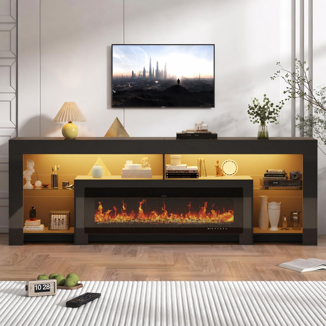 Blotout Fireplace TV Stand for 95/100''TV with 50'' Fireplace, 94.5'' Modern LED Entertainment Center with Overheat Protection, Adjustable Shelves, 2 Tier Fireplace Console for Living Room, Bedroom