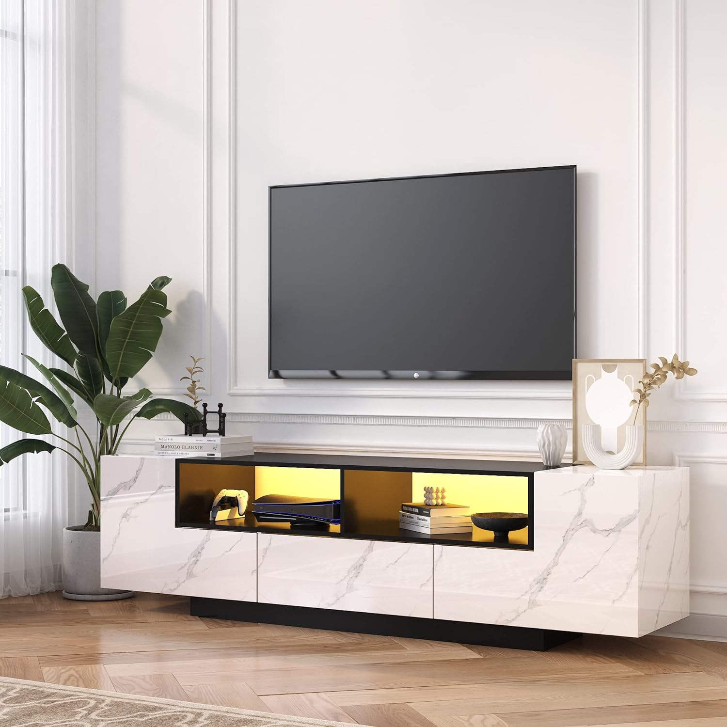 70 Inch LED TV Stand for 75 Inch TV, Large Entertainment Center with Storage Cabinets and Open Shelves, Modern TV Console for Living Room, Bedroom(Walnut& White)