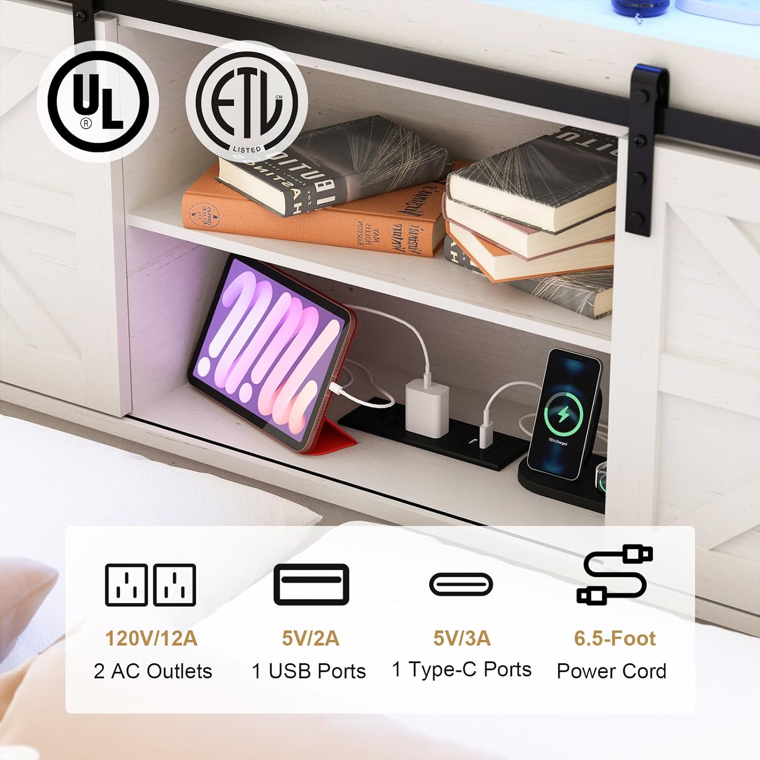 Farmhouse Queen Size Bed Frame with LED Light & Charging Station, Sliding Barn Door Storage Headboard