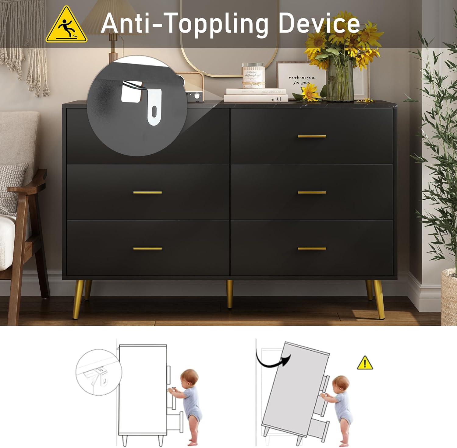 7 Drawer Dresser For Bedroom, 55-inch Marble and Gold Dresser Chest of Drawers Wood Bedroom Organizer