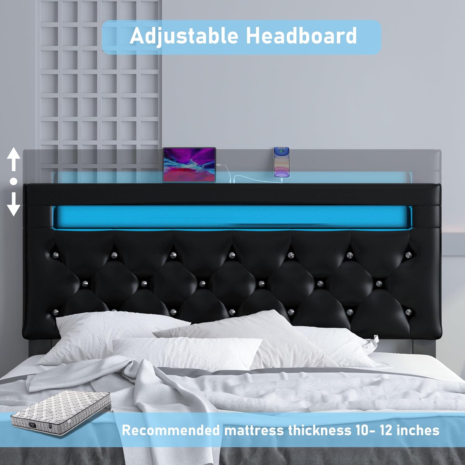 Full Upholstered LED Bed Frame with 4 Storage Drawers & USB Ports, Faux Leather Platform Bed Frame with Adjustable Crystal Button Tufted Headboard, No Box Spring Needed, Easy Assembly, Black