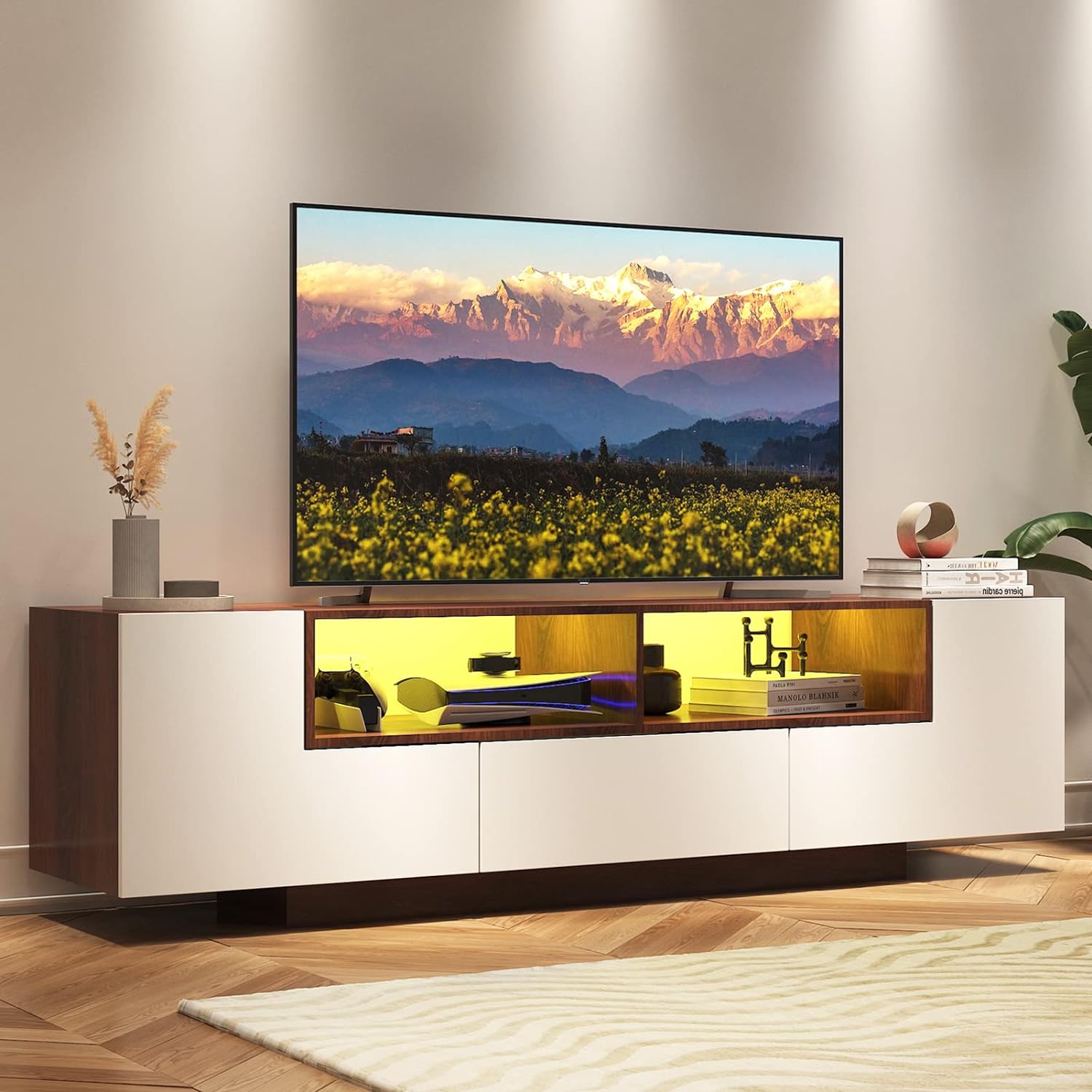 70 Inch LED TV Stand for 75 Inch TV, Large Entertainment Center with Storage Cabinets and Open Shelves, Modern TV Console for Living Room, Bedroom(Walnut& White)