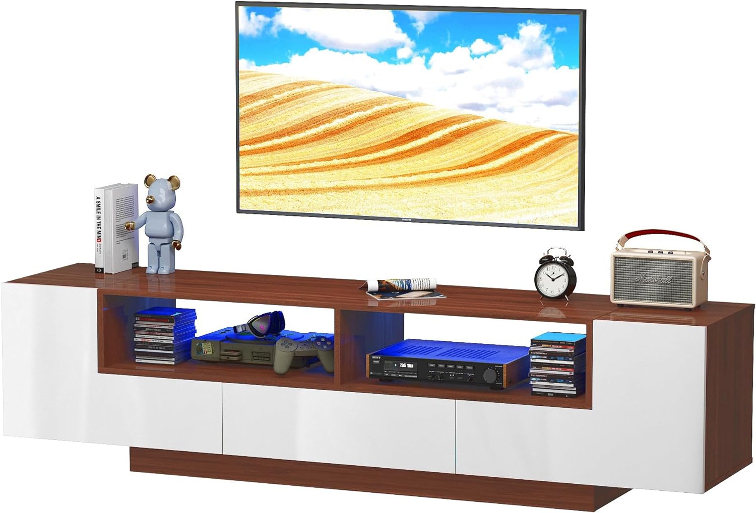 Modern LED TV Stand for 75 Inch TV, 70" Entertainment Center with Storage Cabinets and Open Shelves, High Gloss TV Console Table for Living Room and Bedroom (Black& Marble)