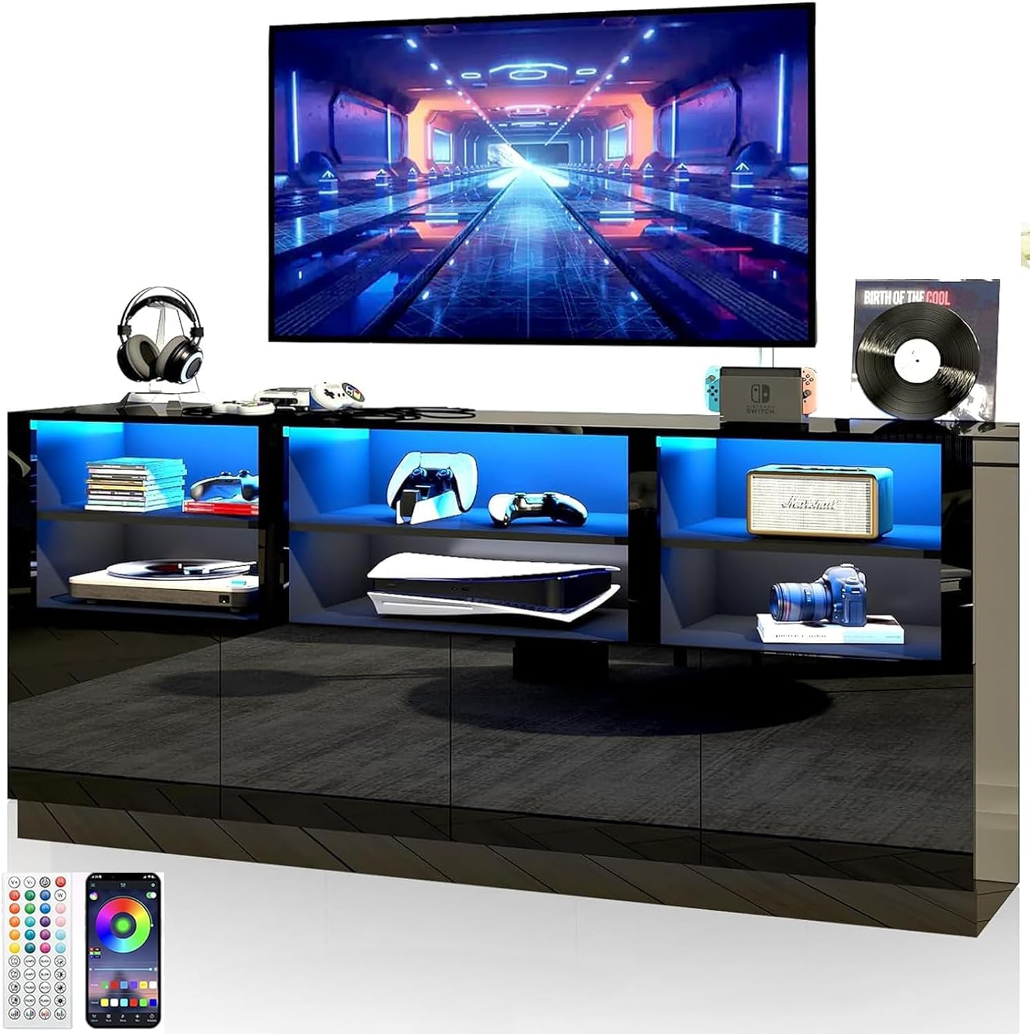 70 Inch LED TV Stand for 75/80/85 Inch TV,Modern Gaming Entertainment Center with Storage Shelves and Doors,High Gloss TV Media Console for Living Room,RGB LED Lights,Black
