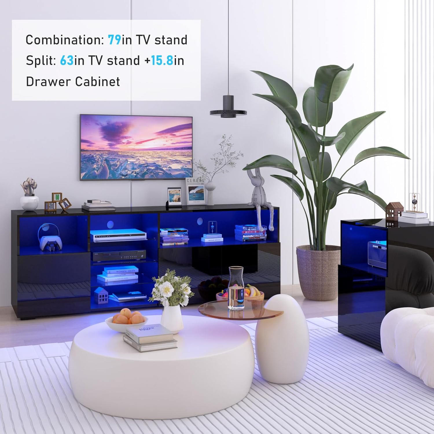 Hlivelood 79'' LED TV Stand for TVs up to 85'', High Glossy Entertainment Center with Storage Cabinet, Modern TV Console Media Cabinet for Living Room, Bedroom