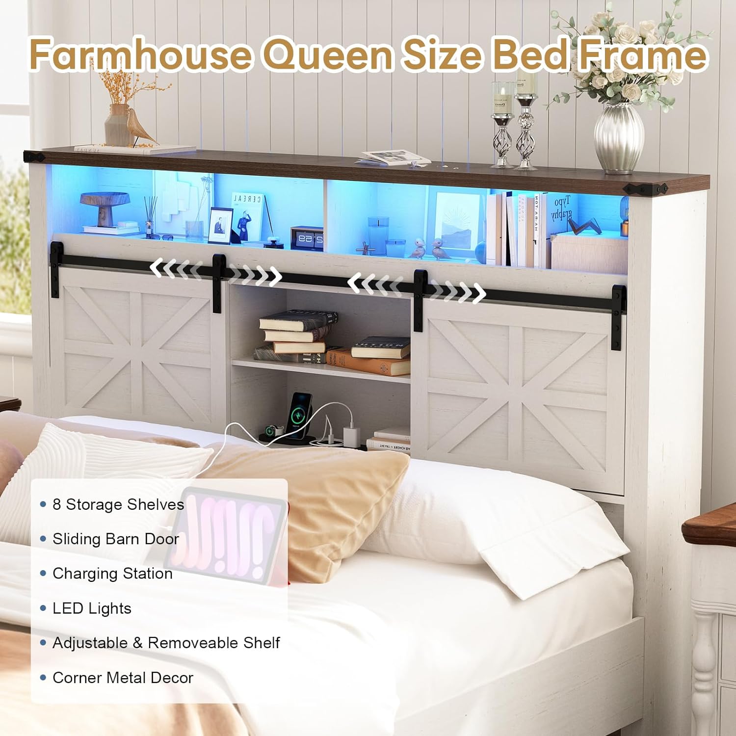 Farmhouse Queen Size Bed Frame with LED Light & Charging Station, Sliding Barn Door Storage Headboard