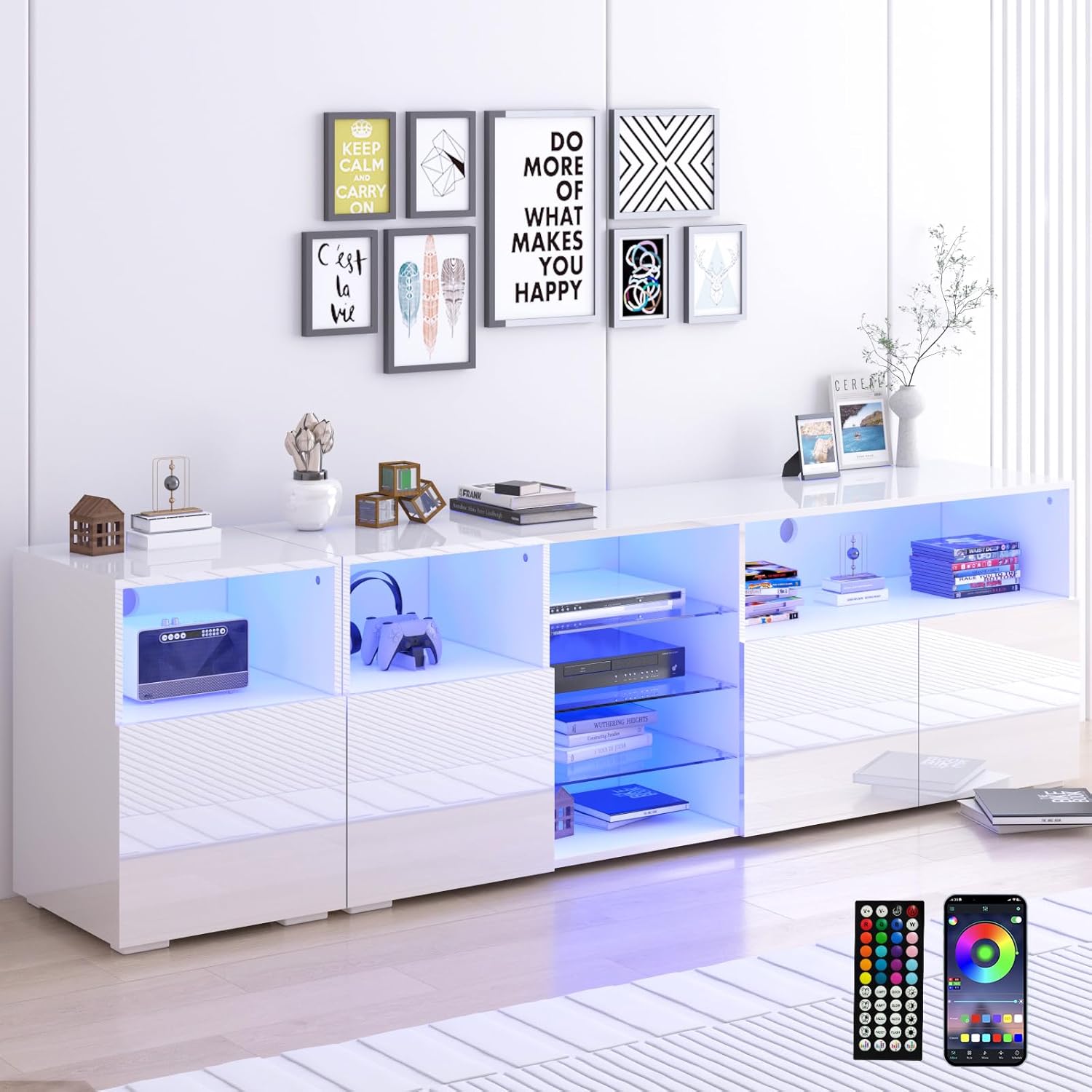 Hlivelood 79'' LED TV Stand for TVs up to 85'', High Glossy Entertainment Center with Storage Cabinet, Modern TV Console Media Cabinet for Living Room, Bedroom