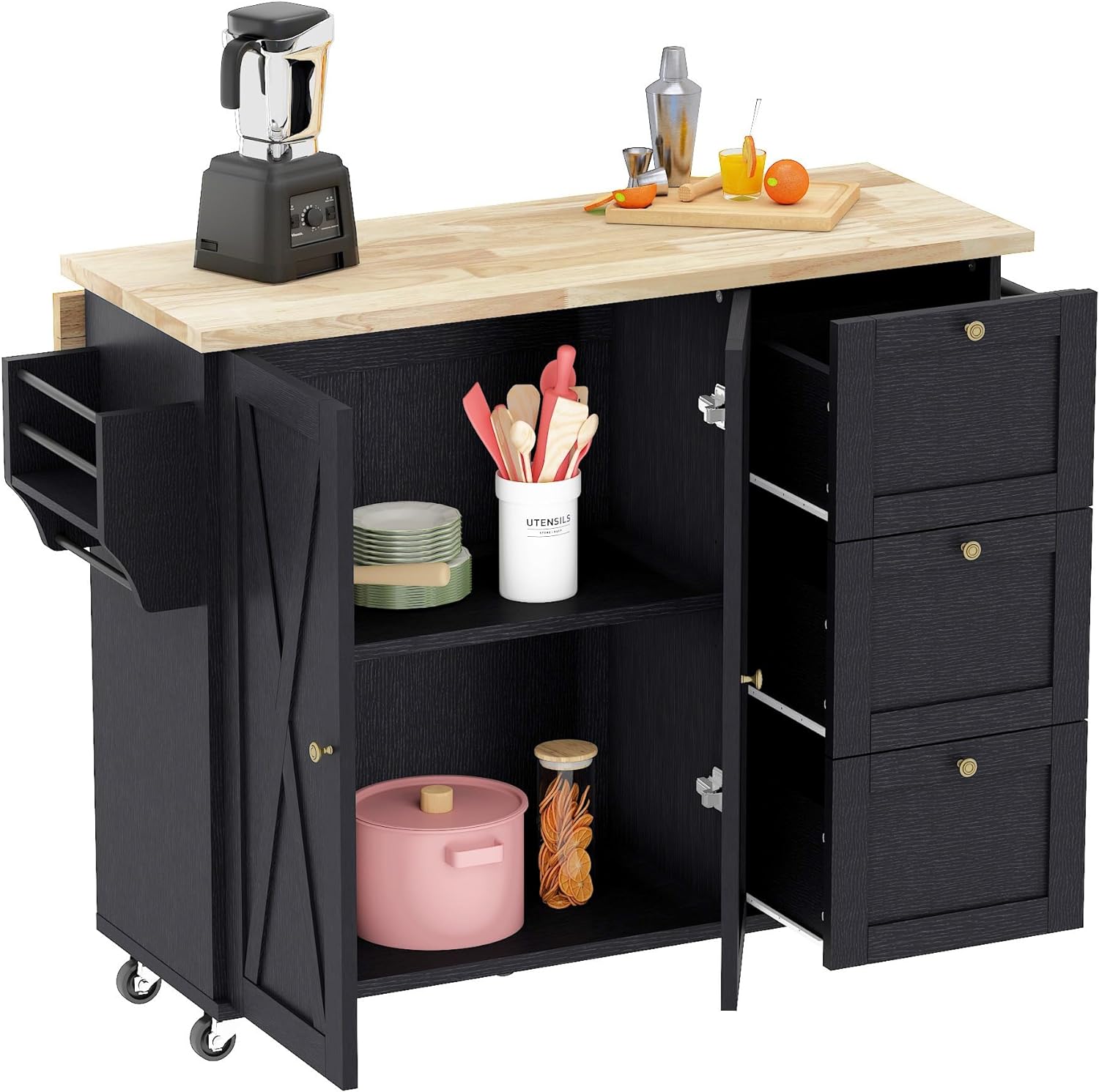 Kitchen Island Cart with Solid Wood Top and Drop Leaf, Rolling Mobile Kitchen Island Table on Wheels with Drawer and Spice Rack, Towel Rack(Black)