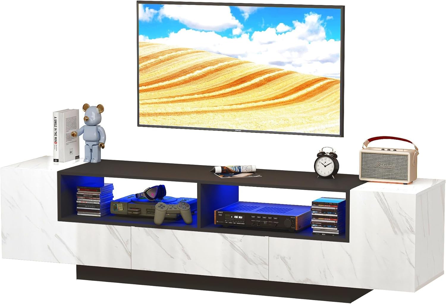 Modern LED TV Stand for 75 Inch TV, 70" Entertainment Center with Storage Cabinets and Open Shelves, High Gloss TV Console Table for Living Room and Bedroom (Black& Marble)