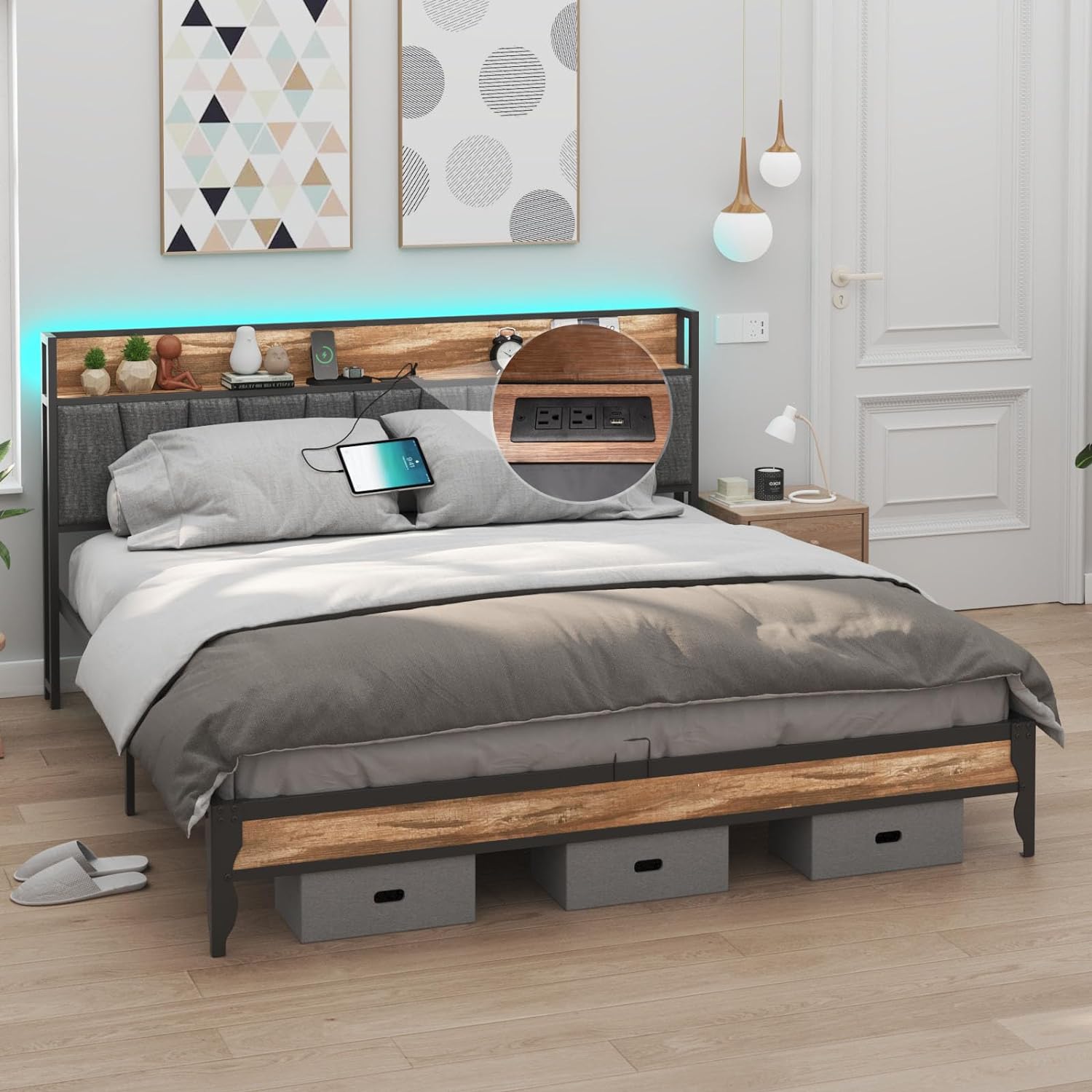 Blotout LED Queen Size Bed Frame with Outlets & USB/Type-C Port and Storage Headboard, Metal Platform Bed with Charging Station and for Bedroom, No Box Spring Needed, Rustic Brown